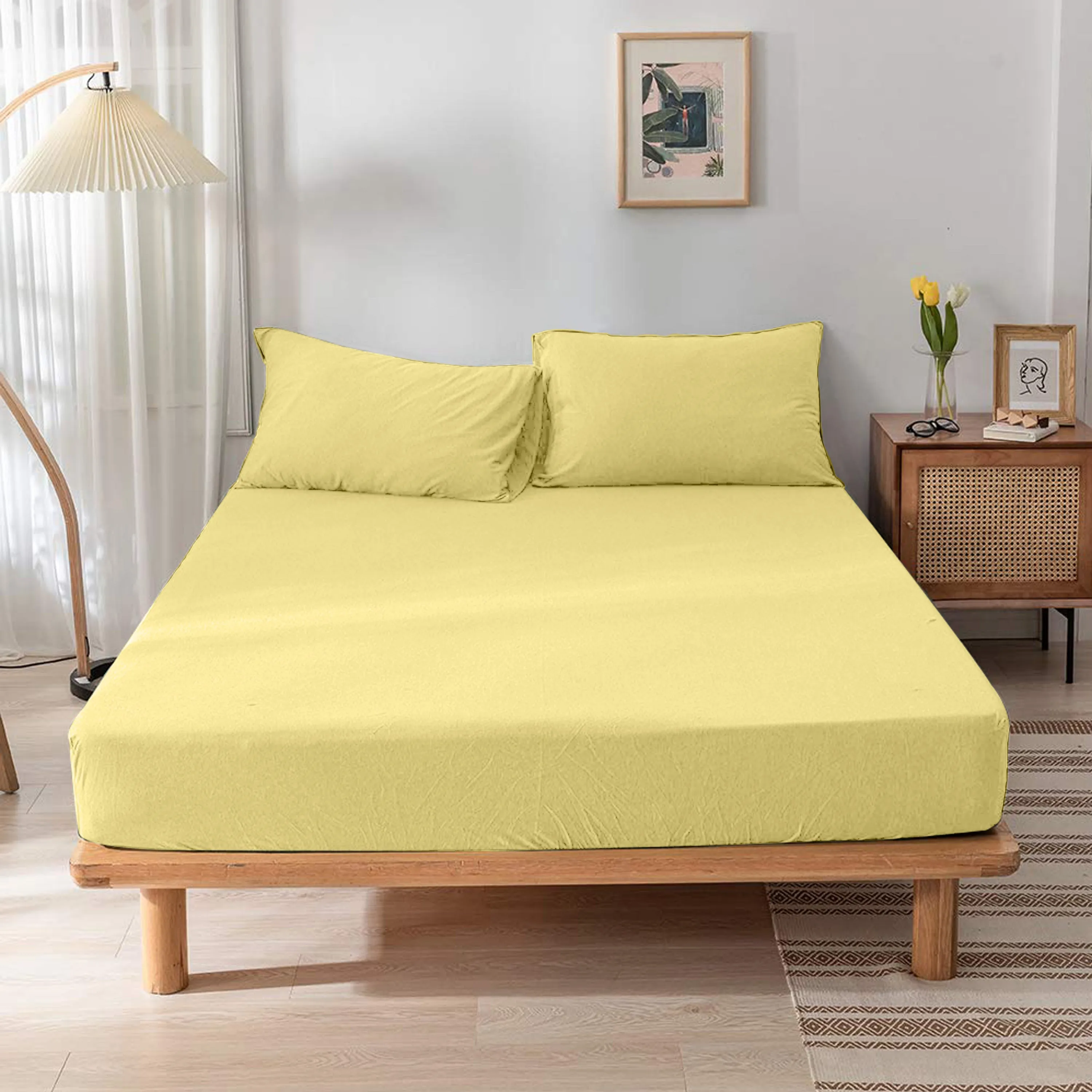 High Quality Yellow Cotton Jersey Single 3 Piece Fitted Sheet Set 90x190 25cm with Deep Pockets and 2 Pillow Case