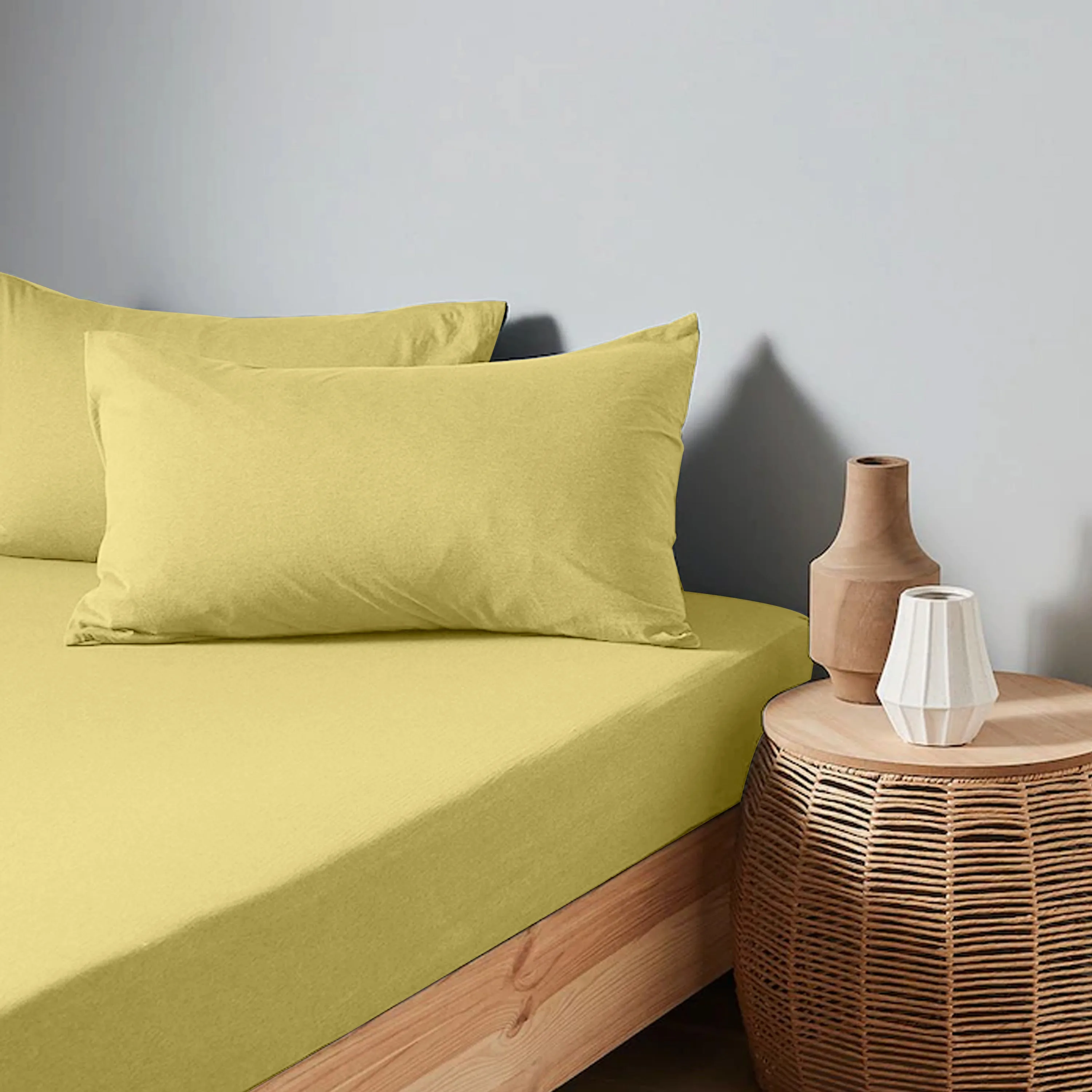 High Quality Yellow Cotton Jersey Single 3 Piece Fitted Sheet Set 90x190 25cm with Deep Pockets and 2 Pillow Case