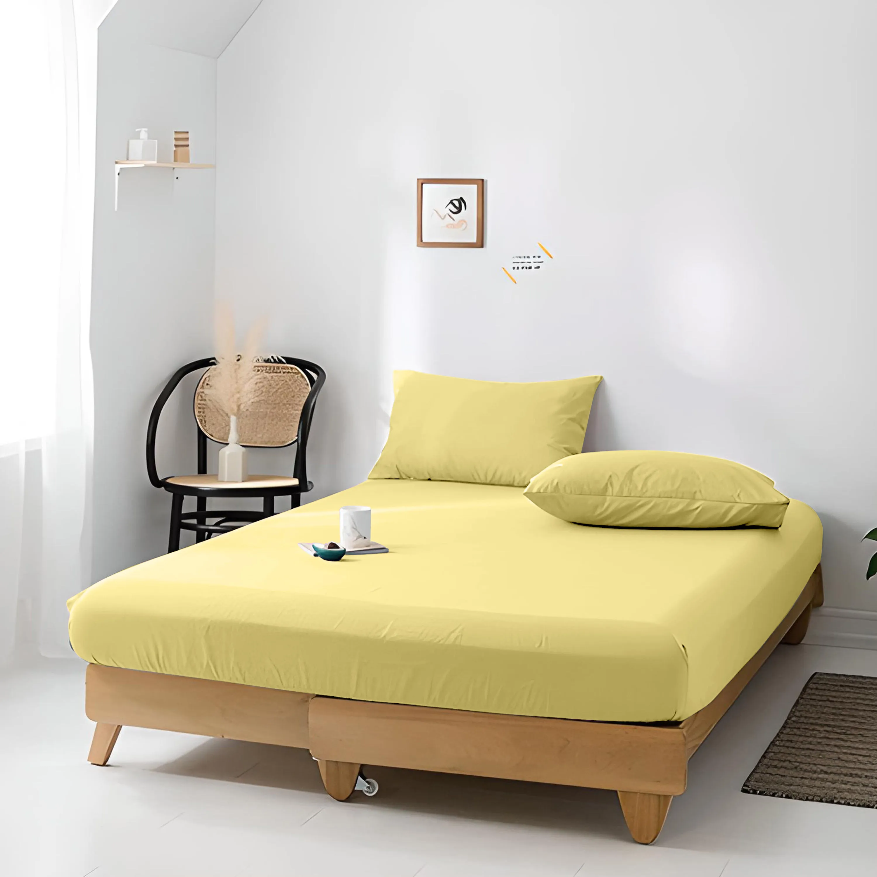 High Quality Yellow Cotton Jersey Single 3 Piece Fitted Sheet Set 90x190 25cm with Deep Pockets and 2 Pillow Case