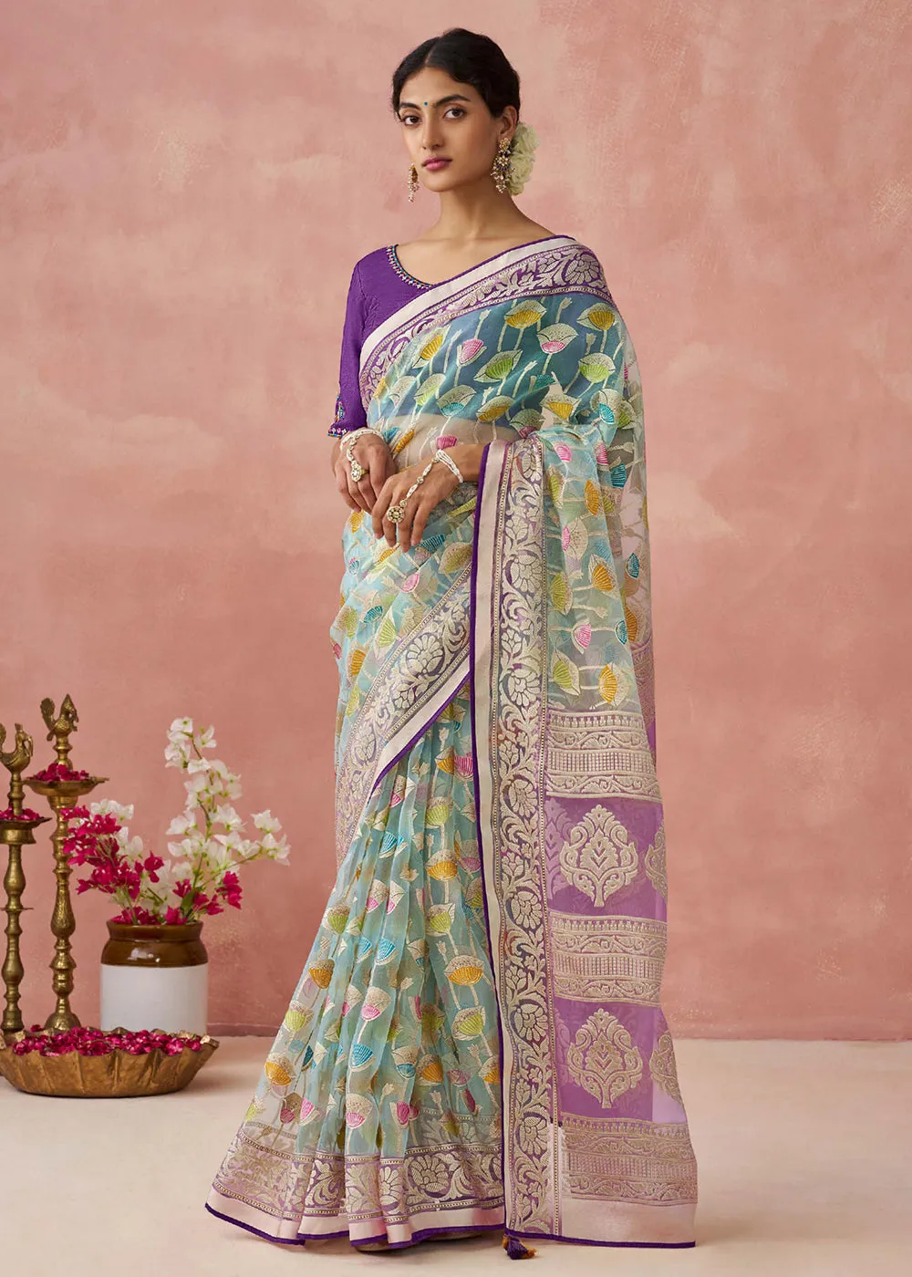 Ice Blue Soft Brasso Organza Printed Festive Classic Saree