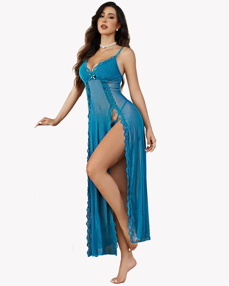 Lace Mesh V Neck Side Split Nightgowns