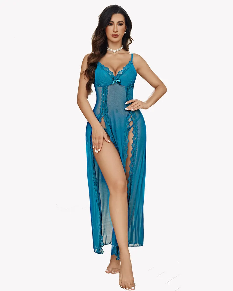 Lace Mesh V Neck Side Split Nightgowns