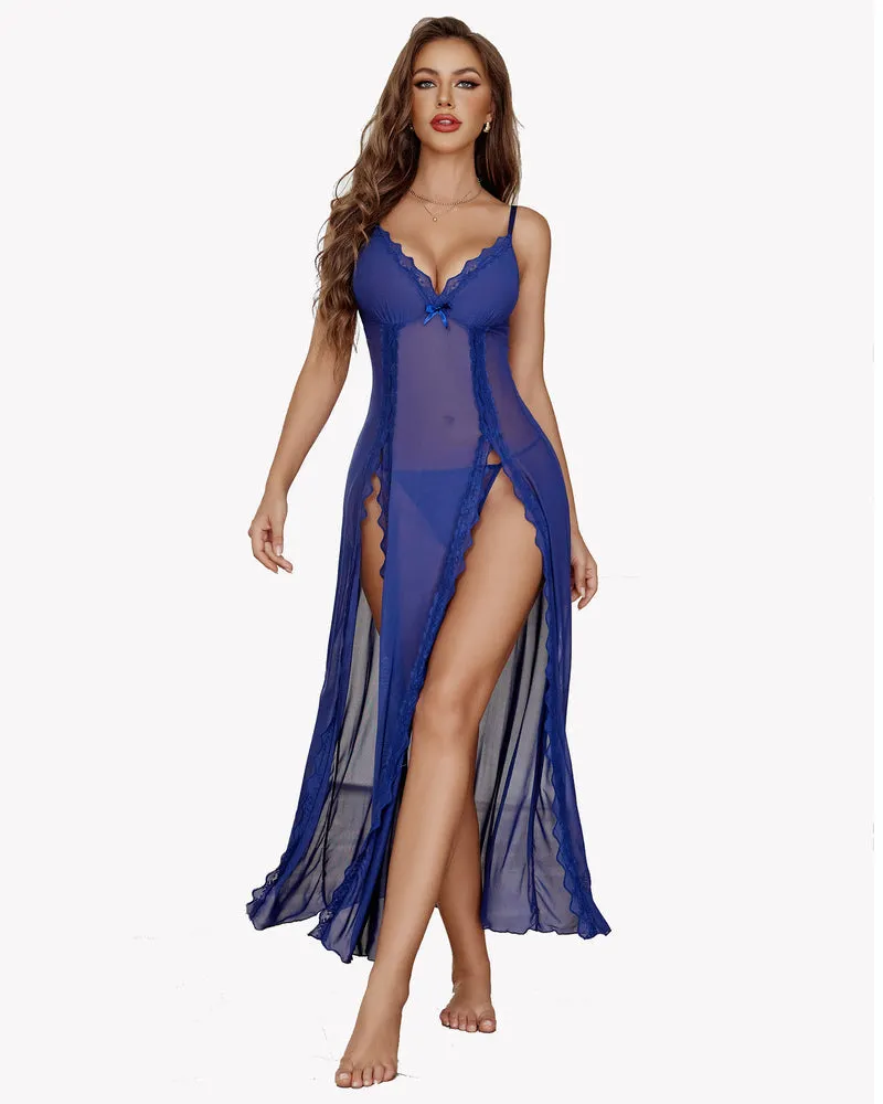 Lace Mesh V Neck Side Split Nightgowns