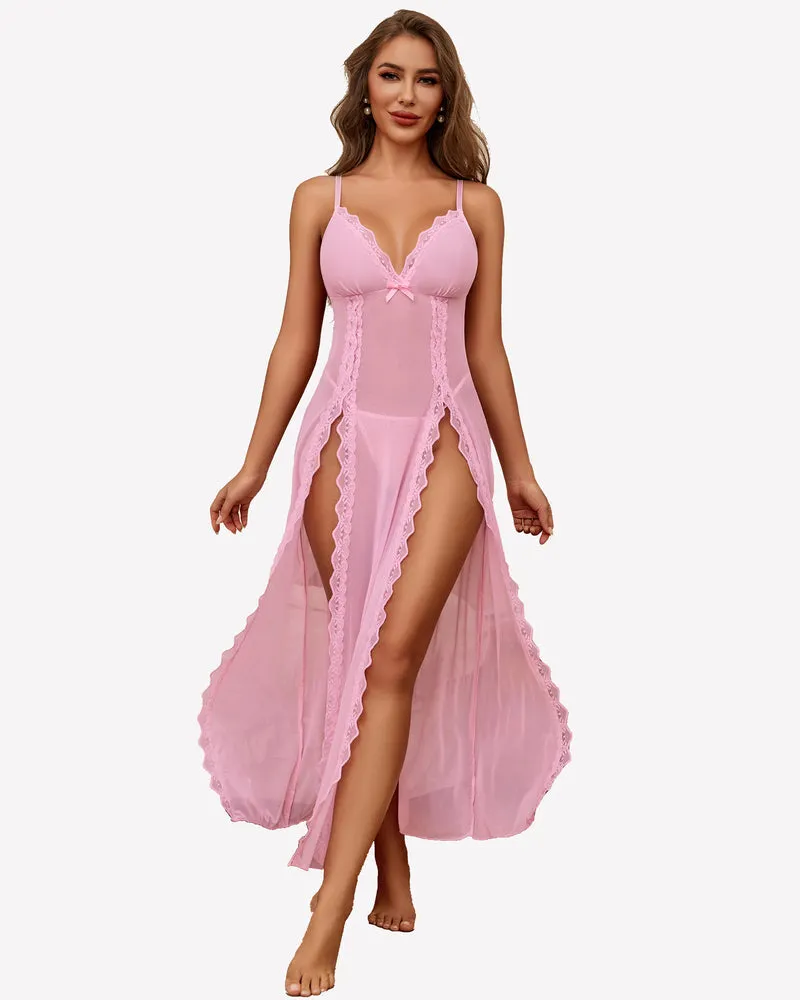 Lace Mesh V Neck Side Split Nightgowns