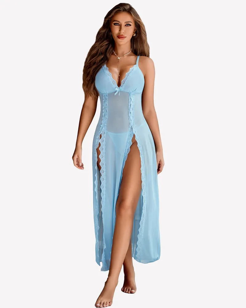 Lace Mesh V Neck Side Split Nightgowns