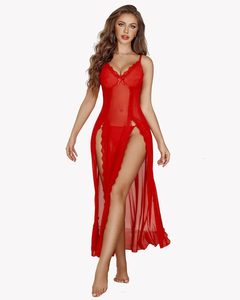 Lace Mesh V Neck Side Split Nightgowns