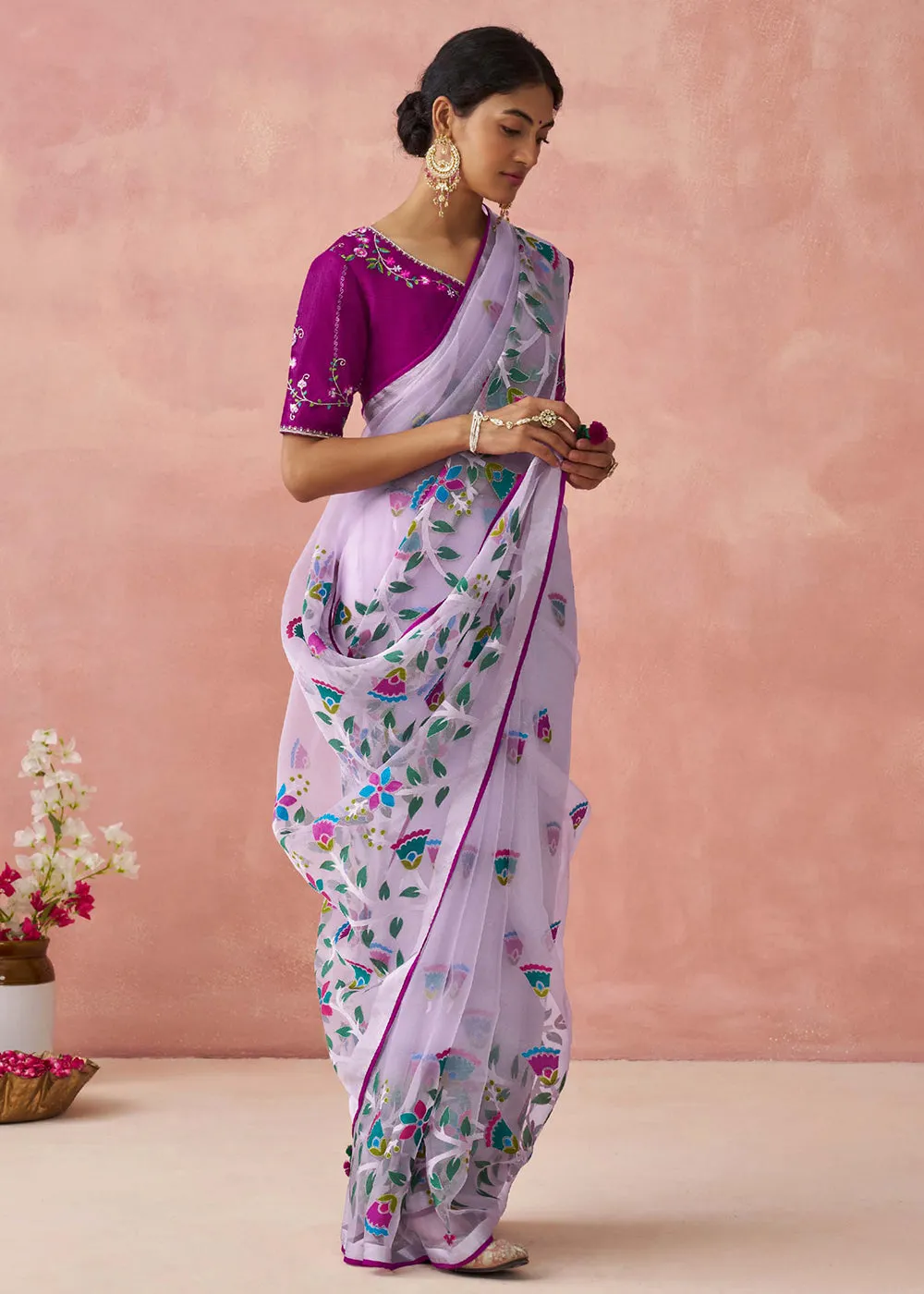 Lavender Soft Brasso Organza Printed Festive Classic Saree