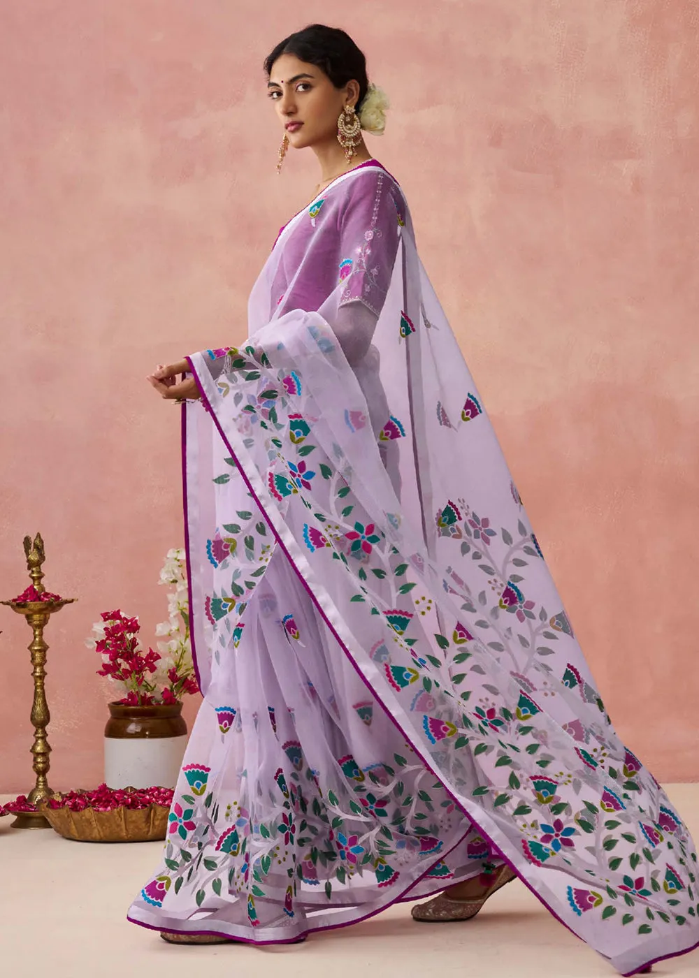 Lavender Soft Brasso Organza Printed Festive Classic Saree