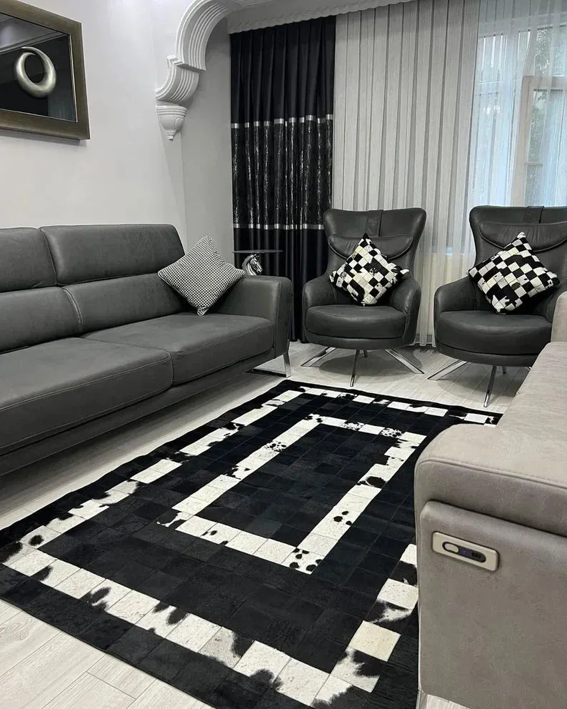 Luxury Cowhide Patchwork Rug for Living Room, Black and White Natural Cow Skin Area Rug