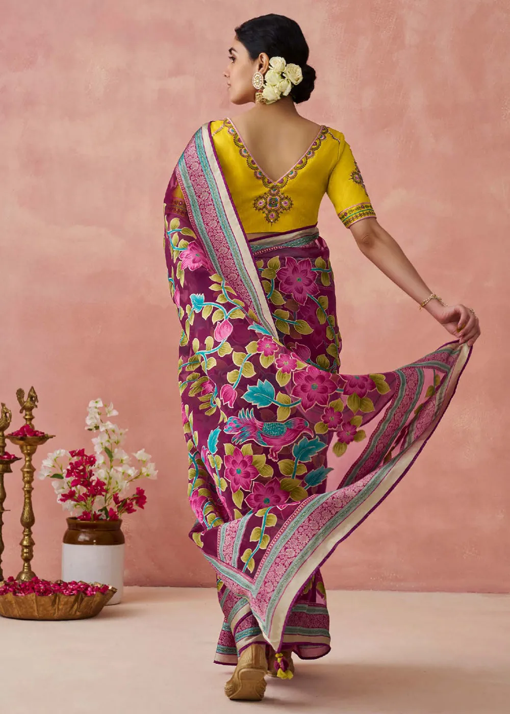 Magenta Soft Brasso Organza Printed Festive Classic Saree