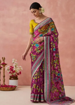 Magenta Soft Brasso Organza Printed Festive Classic Saree