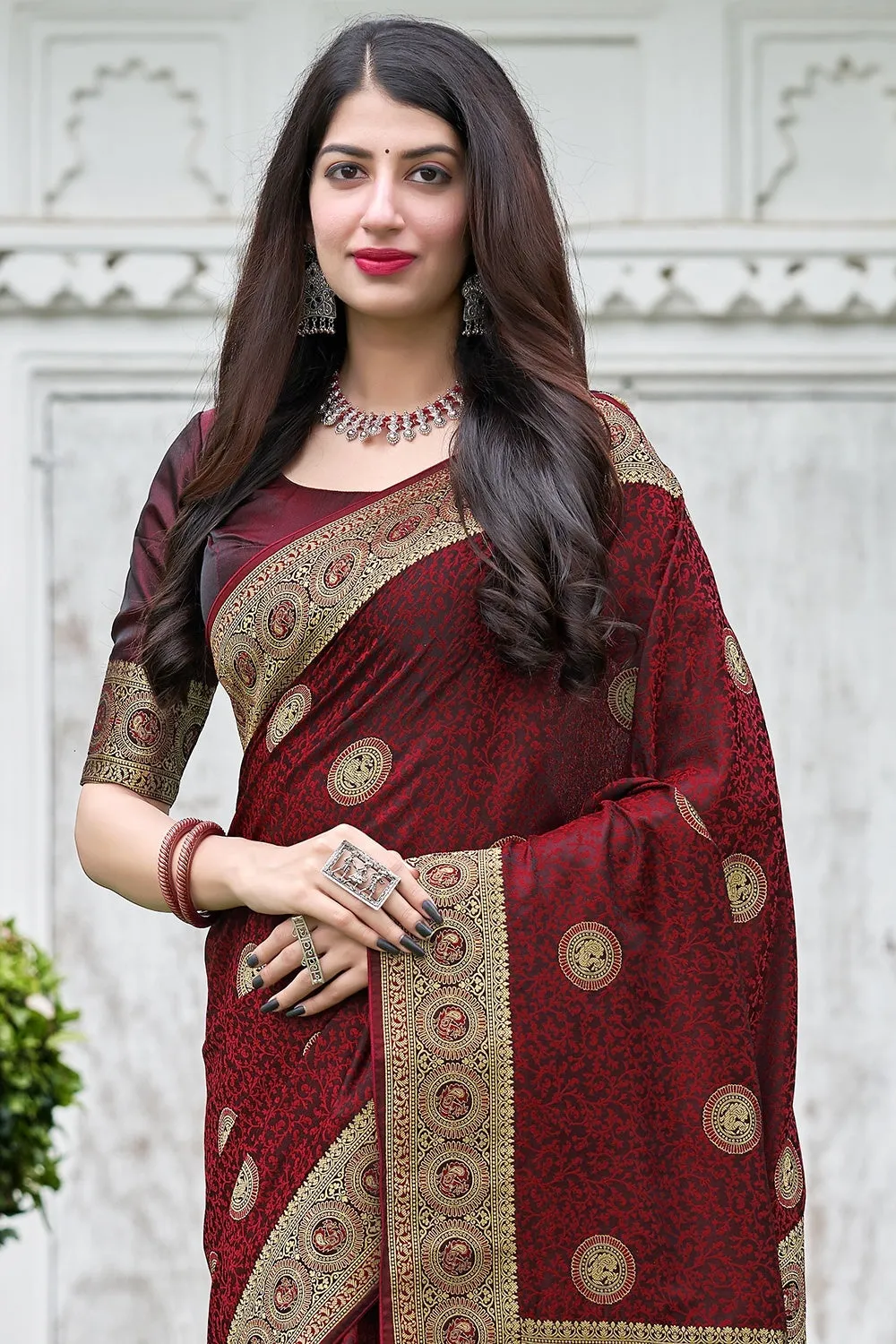 Maroon Weaving Silk Printed Traditional Saree