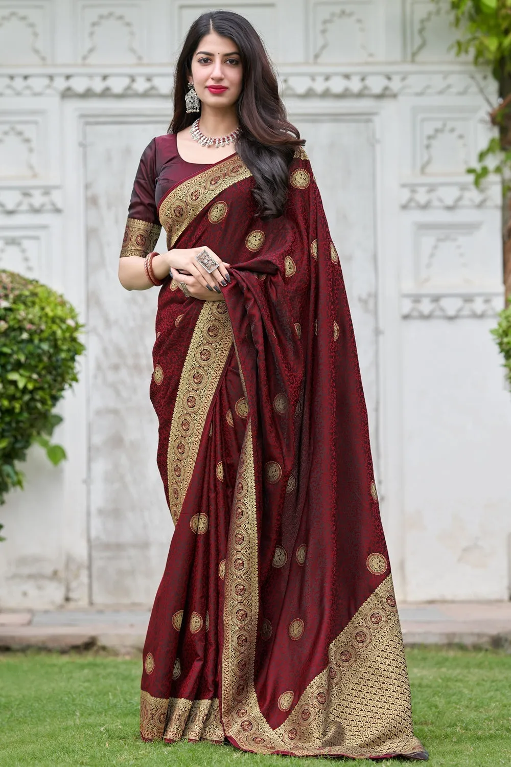 Maroon Weaving Silk Printed Traditional Saree