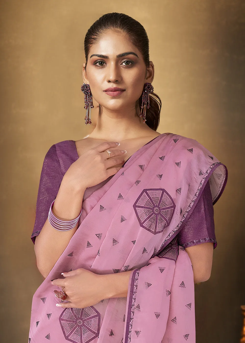 Mauve Pink Zari Organza Embroidered Designer Saree