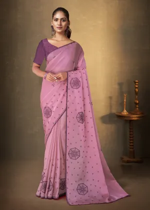 Mauve Pink Zari Organza Embroidered Designer Saree