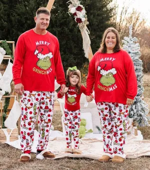 “Merry Christmas” Family Matching Grinch Cartoon Print Pajama Set