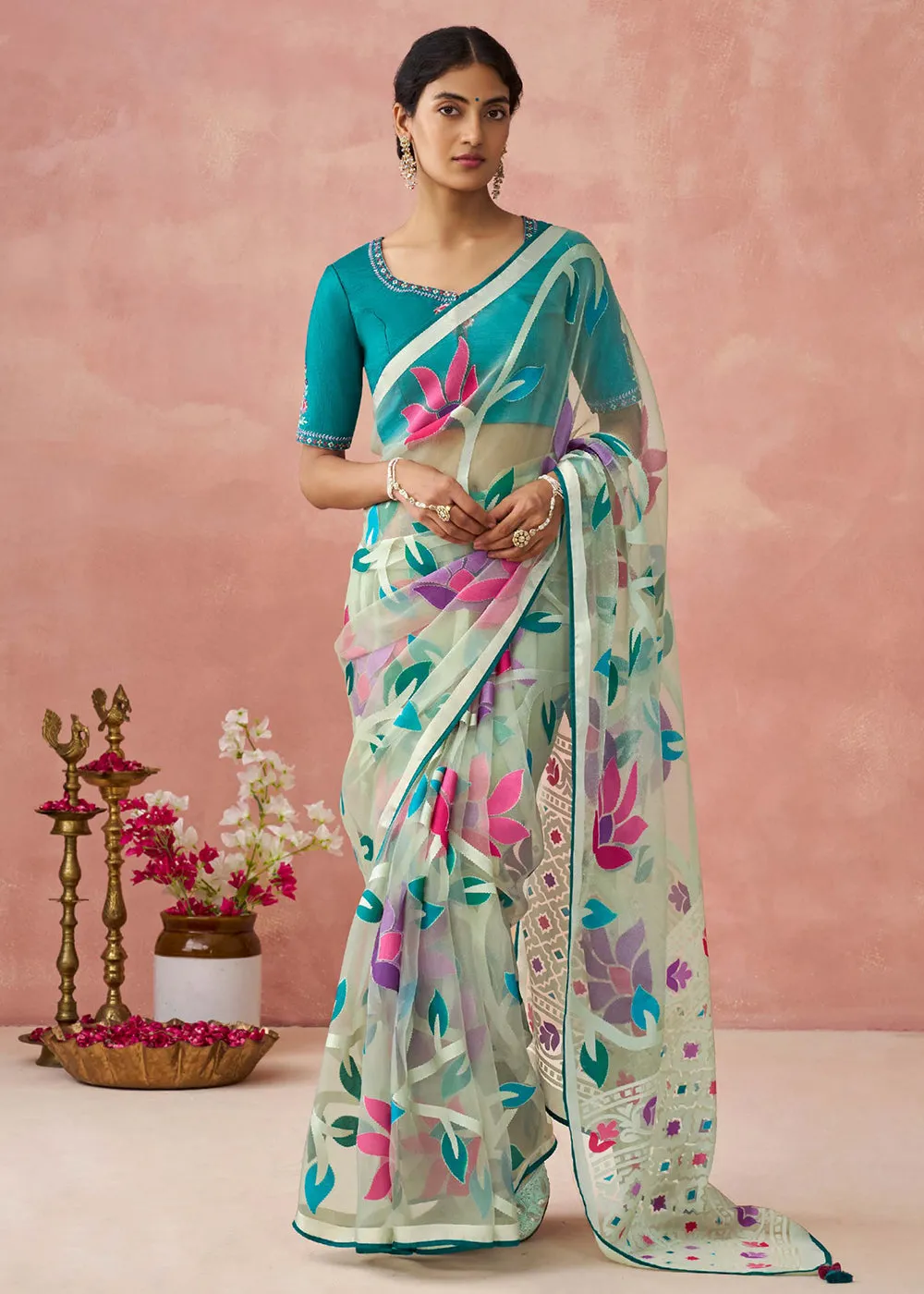 Mint Grey Soft Brasso Organza Printed Festive Classic Saree