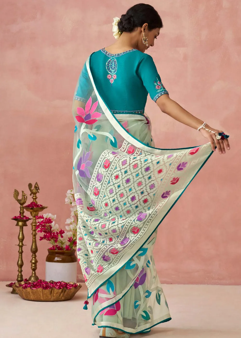 Mint Grey Soft Brasso Organza Printed Festive Classic Saree