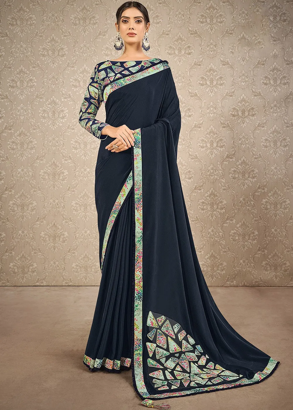 Navy Blue Digital Print Satin Silk Saree