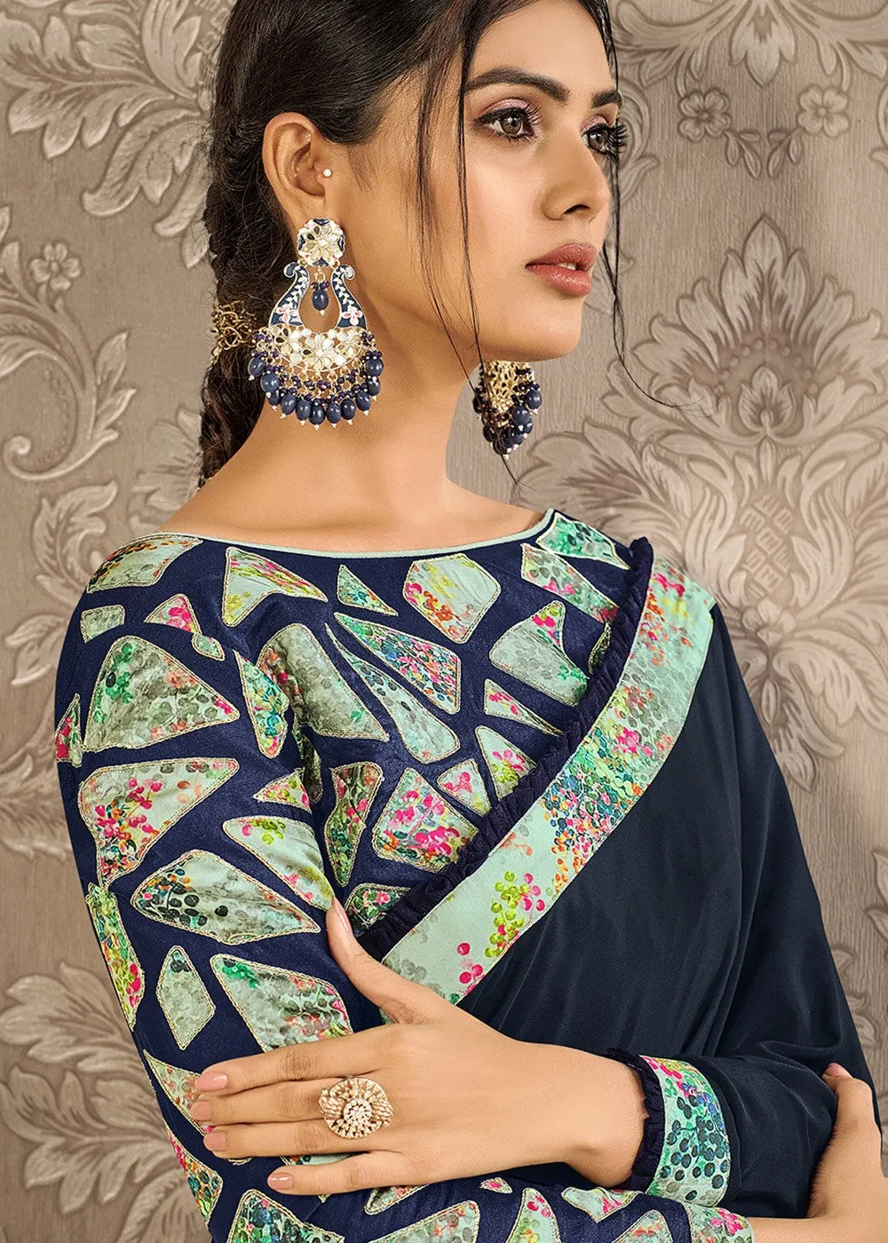 Navy Blue Digital Print Satin Silk Saree