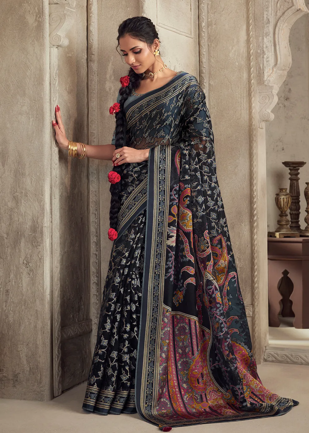 Navy Blue Soft Organza Brasso Embroidered Wedding Festive Saree