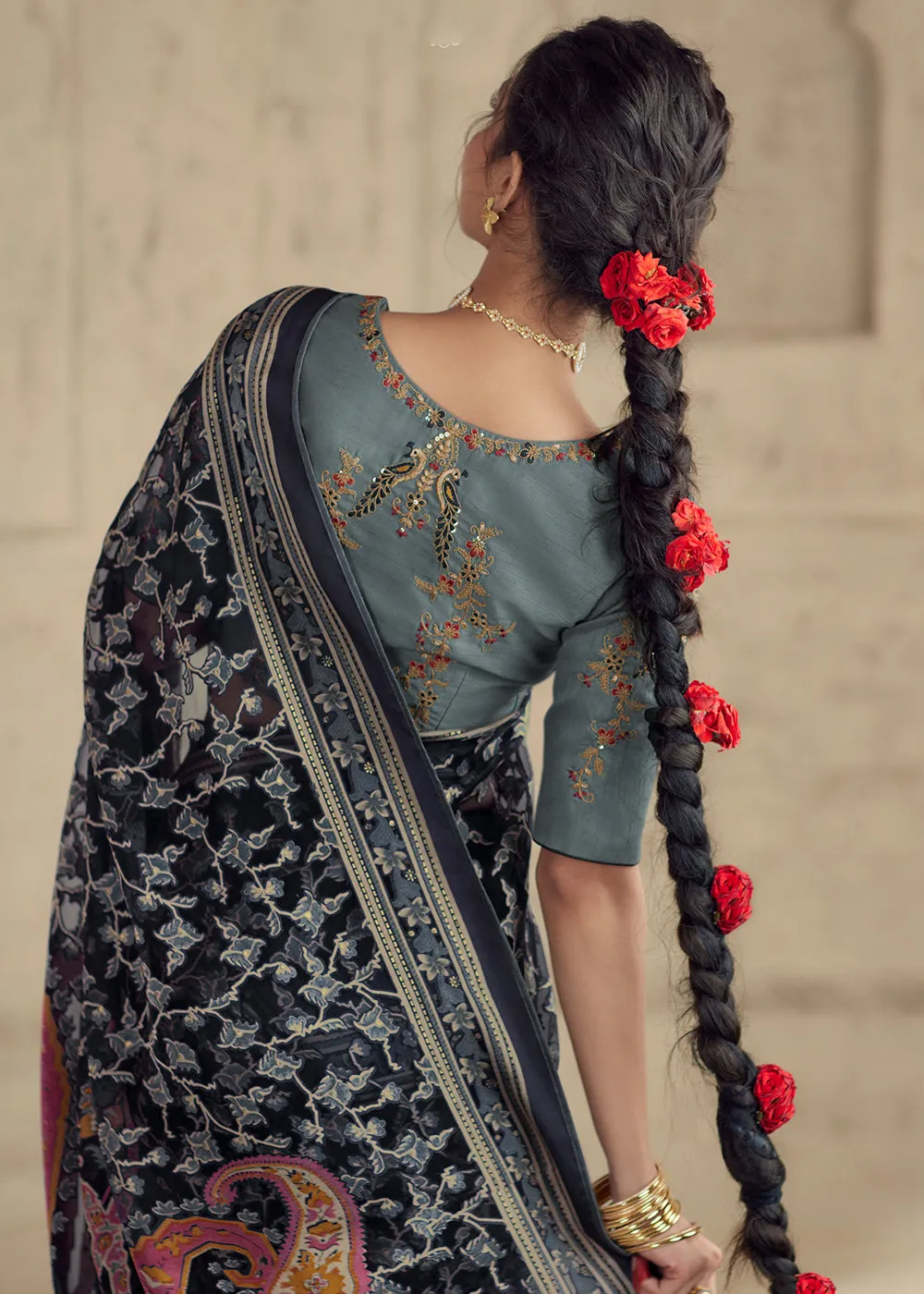 Navy Blue Soft Organza Brasso Embroidered Wedding Festive Saree