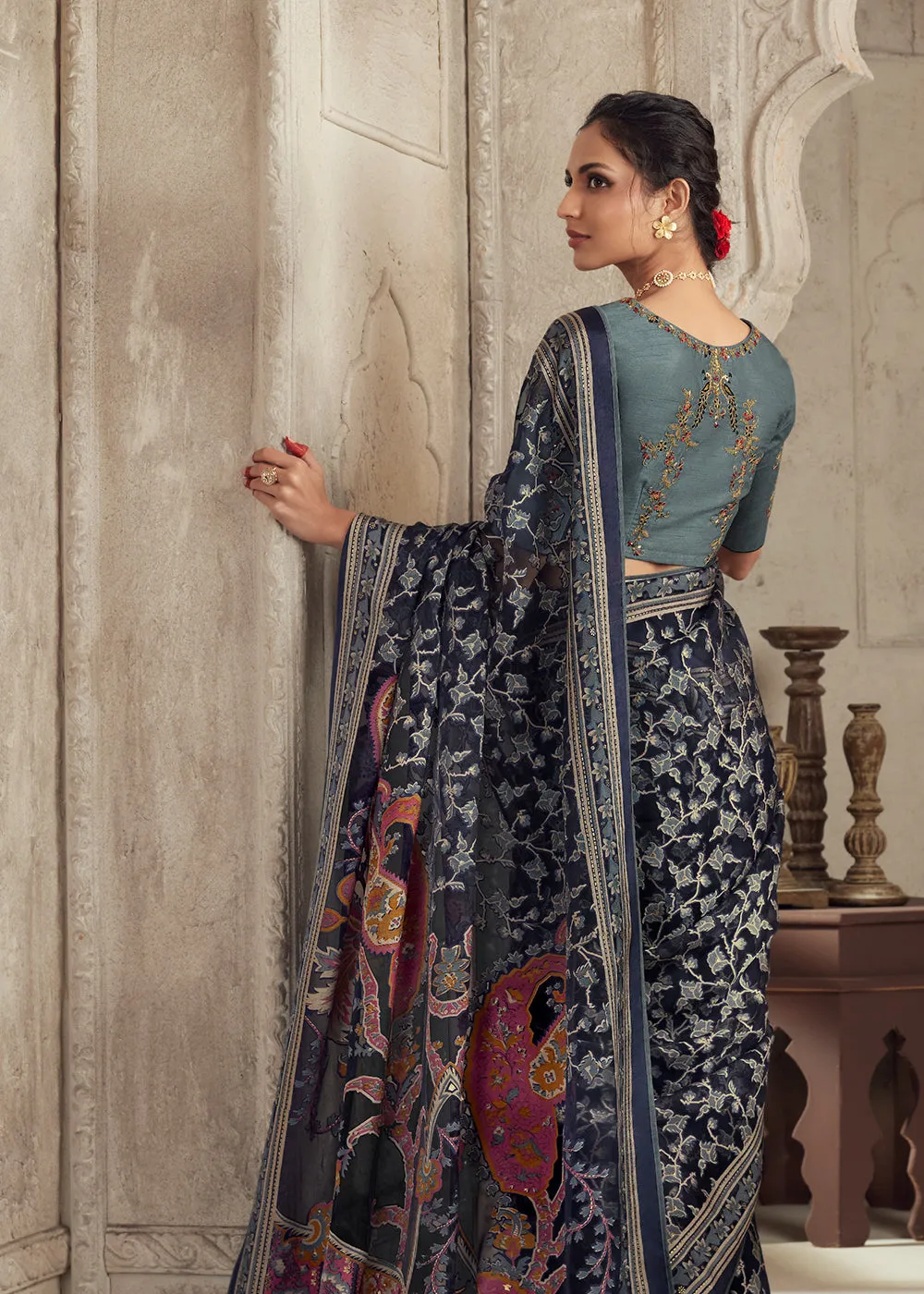 Navy Blue Soft Organza Brasso Embroidered Wedding Festive Saree