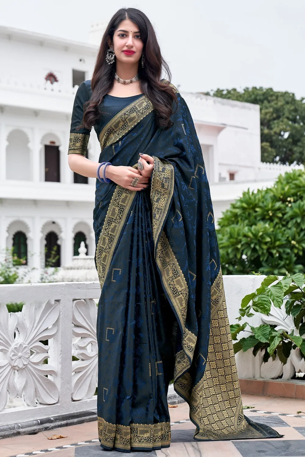 Navy Blue Weaving Silk Printed Traditional Saree