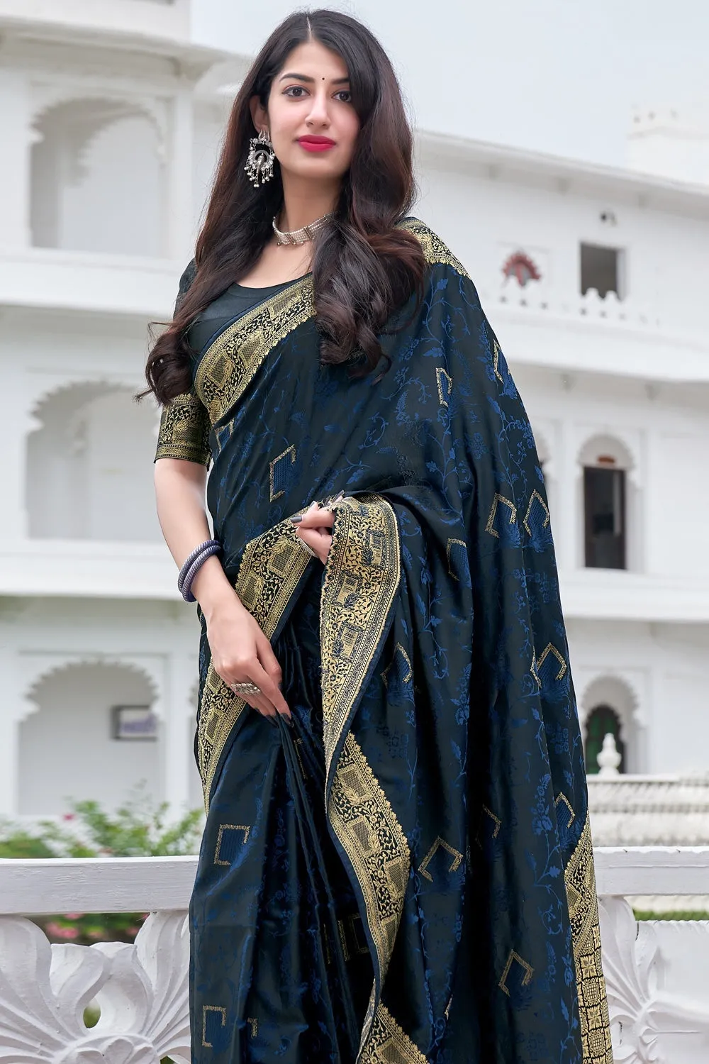 Navy Blue Weaving Silk Printed Traditional Saree