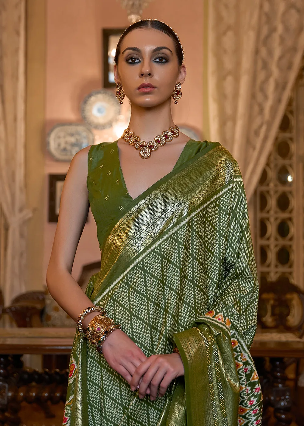 Olive Green Woven Zari & Printed Patola Silk Traditional Saree