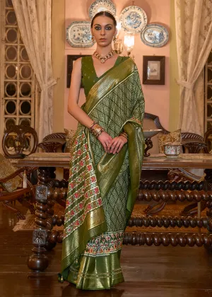 Olive Green Woven Zari & Printed Patola Silk Traditional Saree