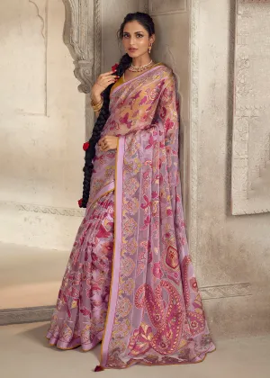 Orchid Pink Soft Organza Brasso Embroidered Wedding Festive Saree