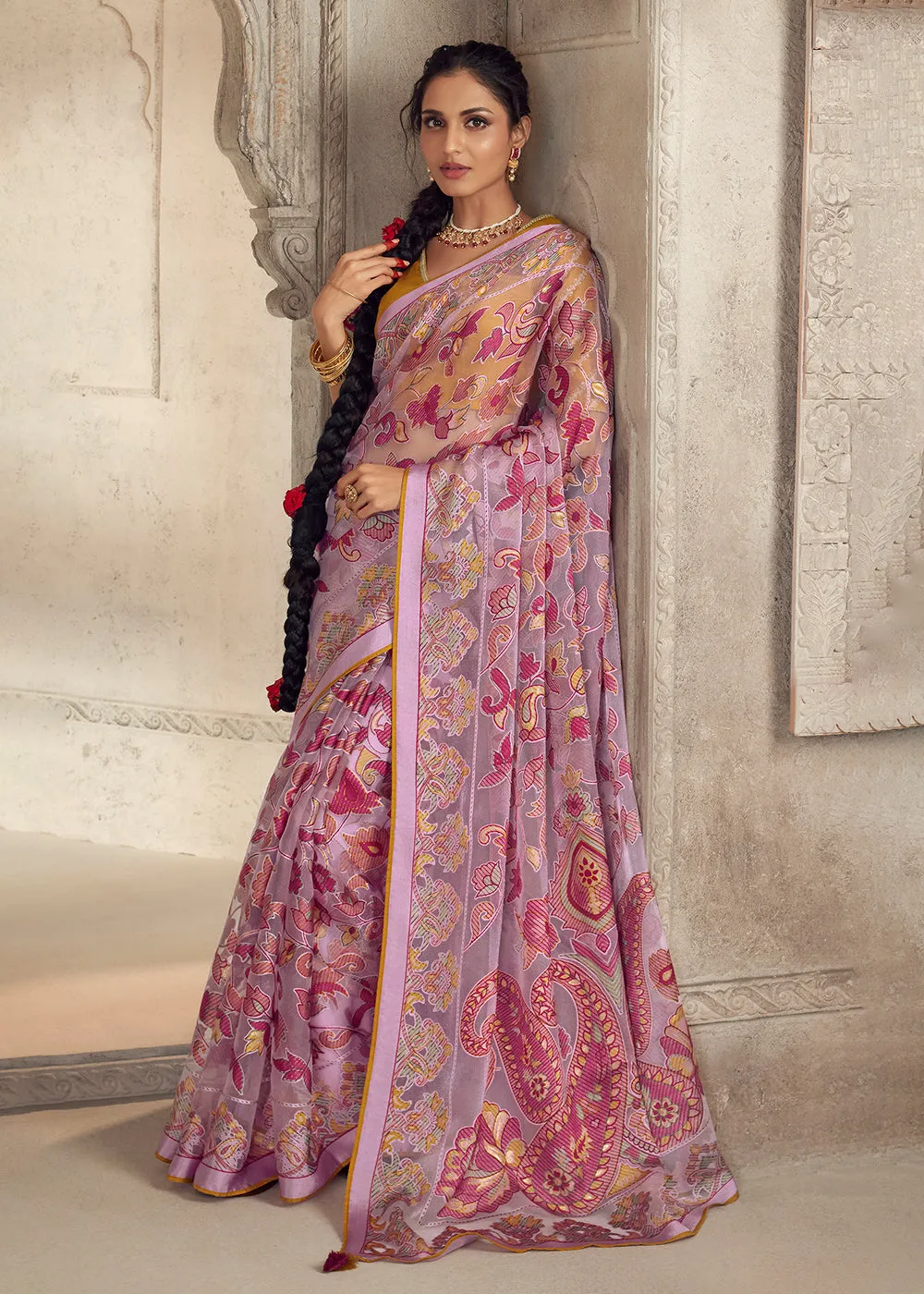 Orchid Pink Soft Organza Brasso Embroidered Wedding Festive Saree