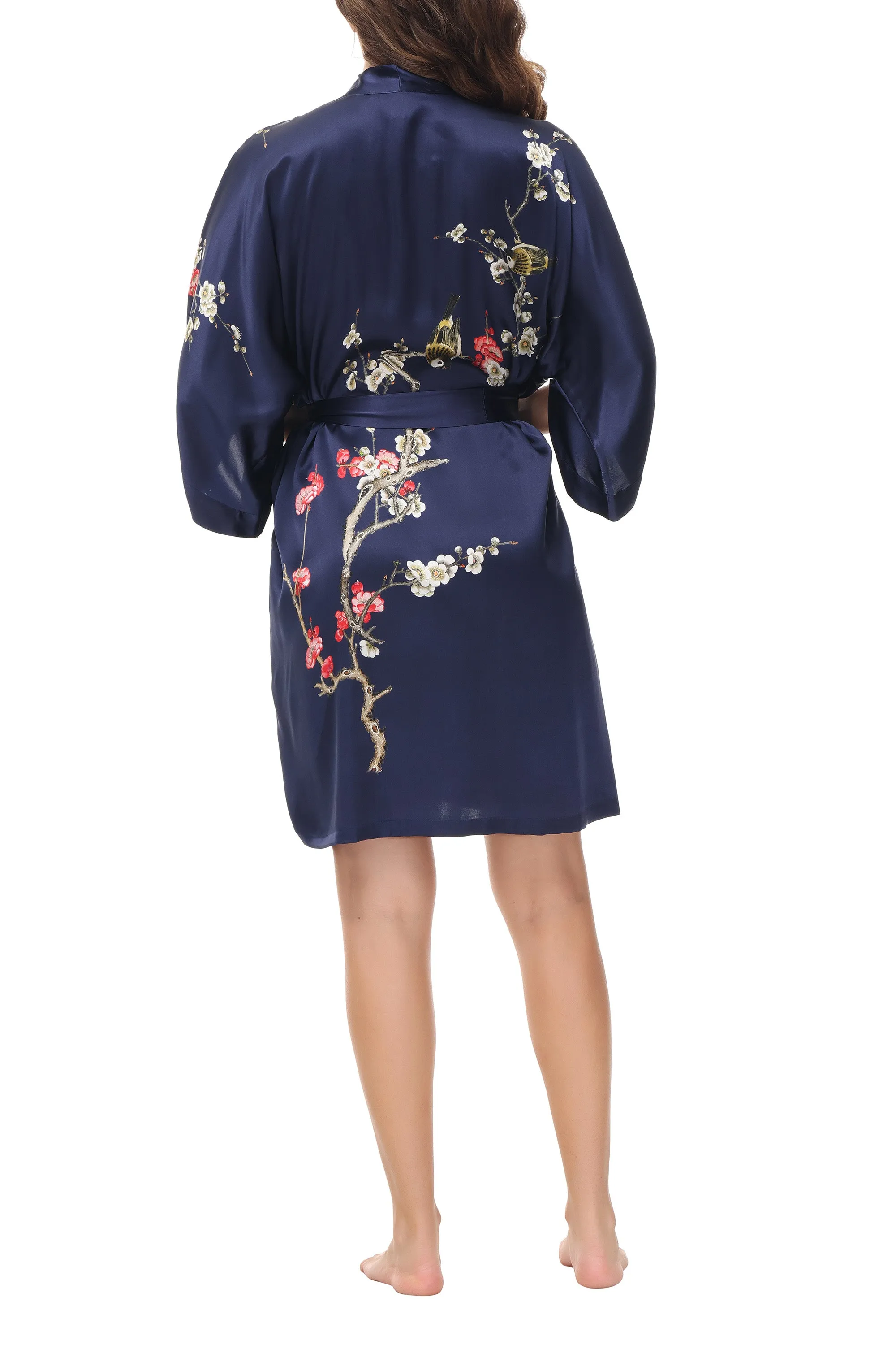 OSCAR ROSSA Women's  Silk Sleepwear 100% Silk Charmeuse Short Robe Kimono, Plum Blossom & Bird