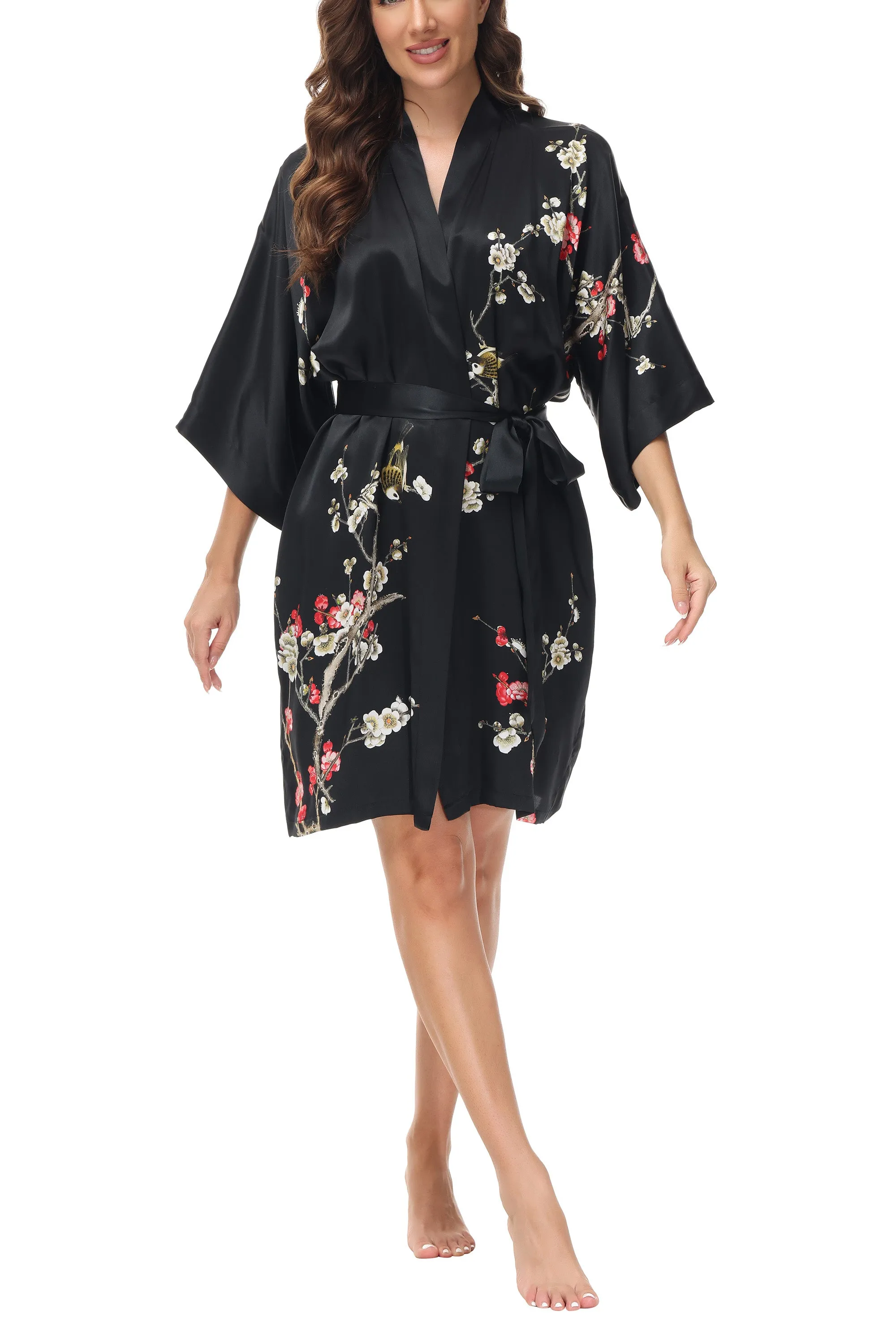 OSCAR ROSSA Women's  Silk Sleepwear 100% Silk Charmeuse Short Robe Kimono, Plum Blossom & Bird