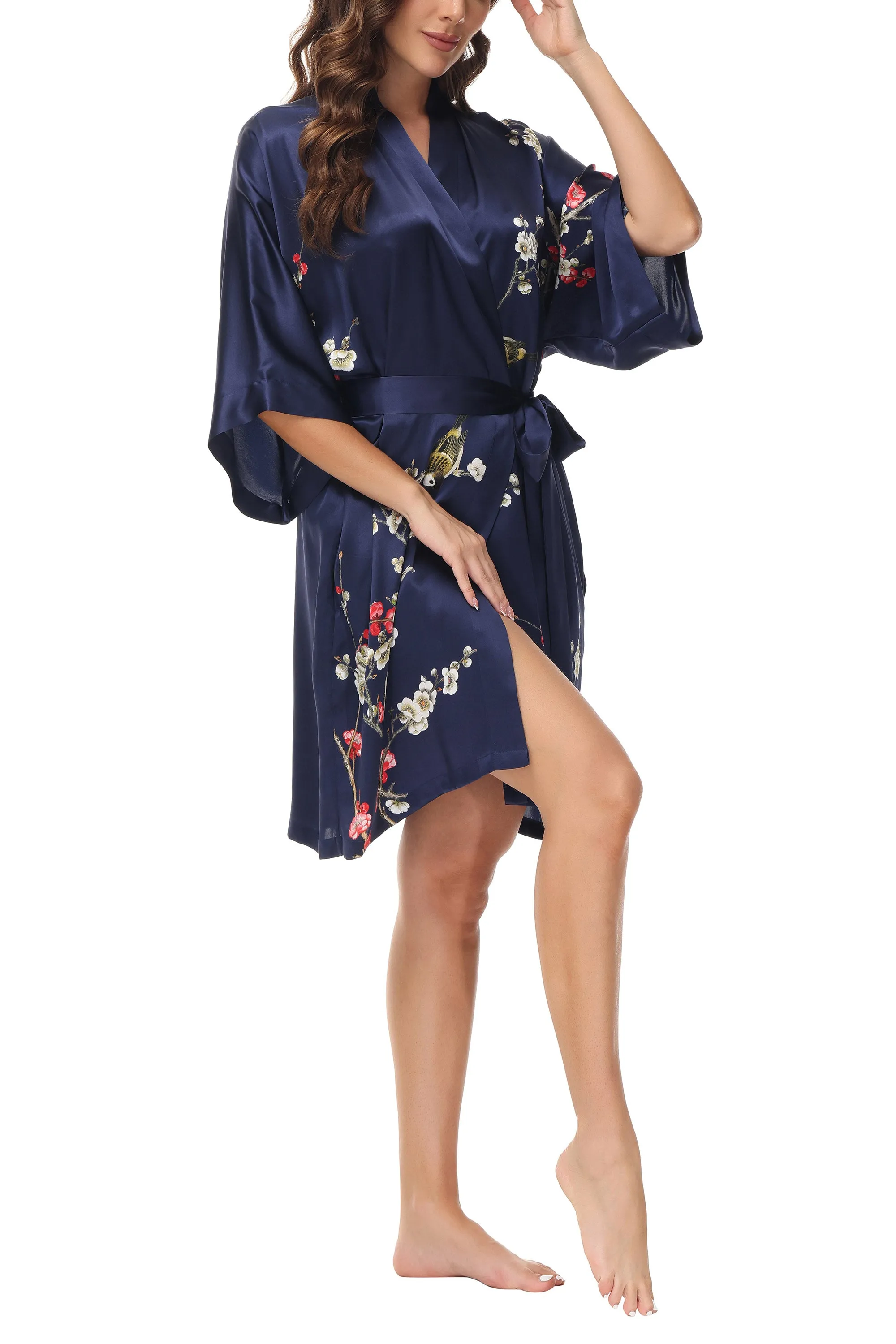 OSCAR ROSSA Women's  Silk Sleepwear 100% Silk Charmeuse Short Robe Kimono, Plum Blossom & Bird