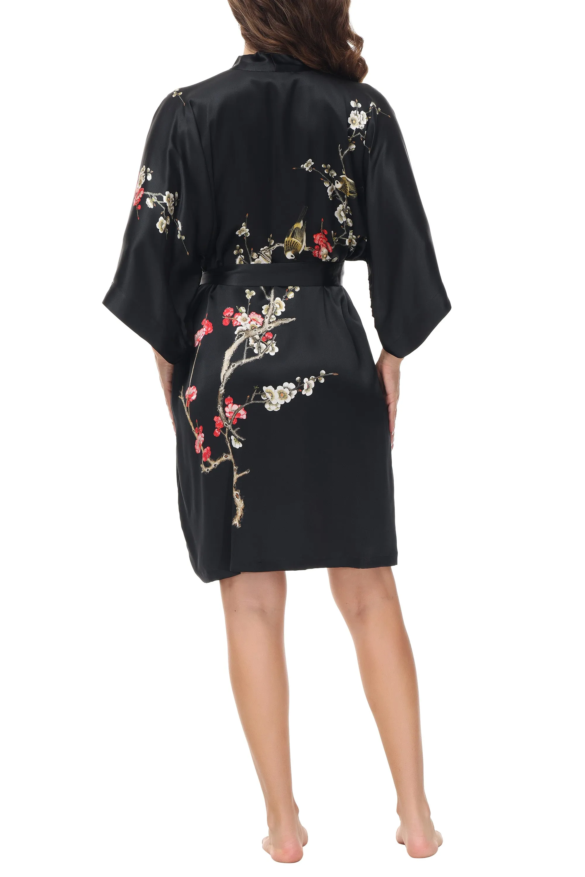 OSCAR ROSSA Women's  Silk Sleepwear 100% Silk Charmeuse Short Robe Kimono, Plum Blossom & Bird