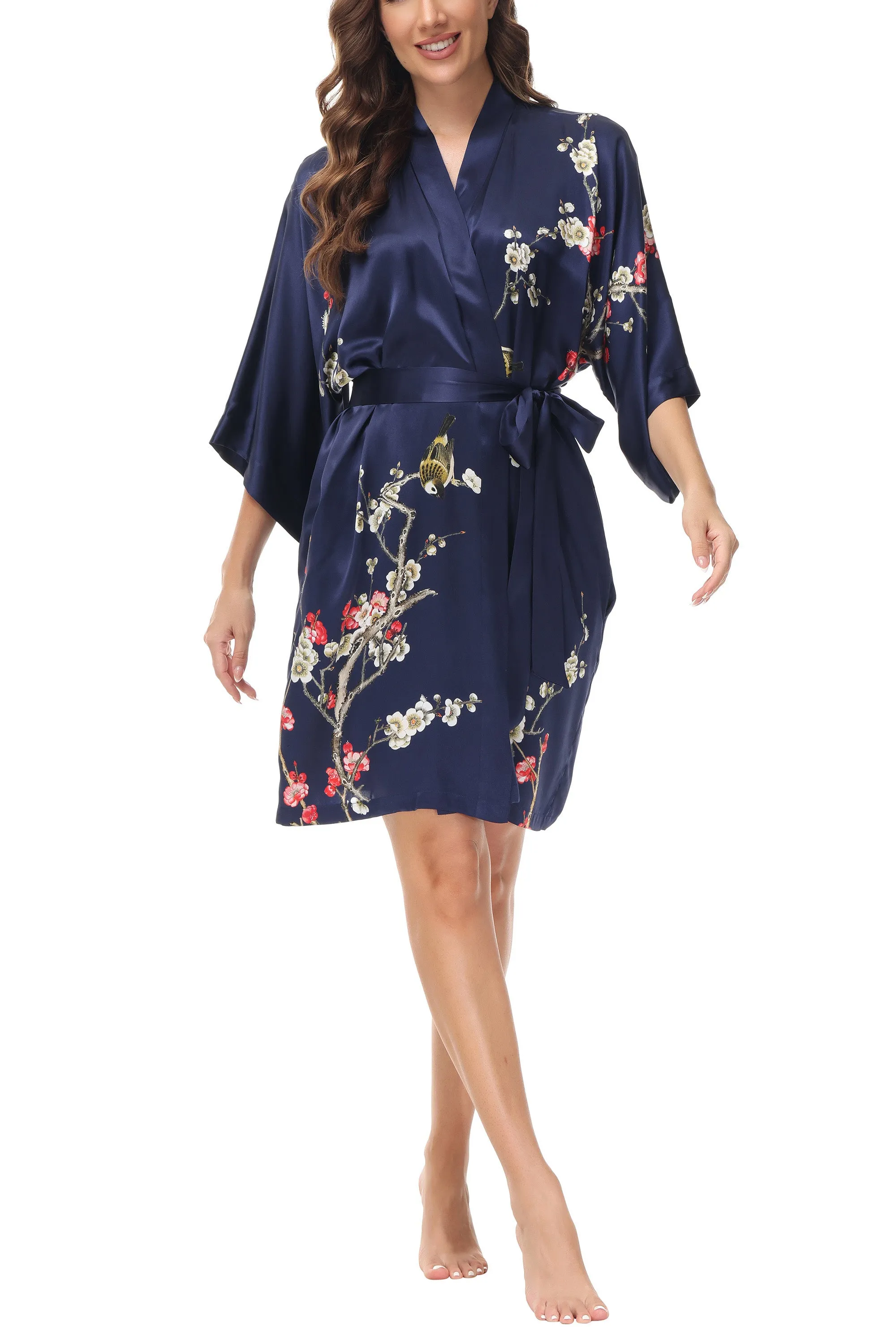 OSCAR ROSSA Women's  Silk Sleepwear 100% Silk Charmeuse Short Robe Kimono, Plum Blossom & Bird