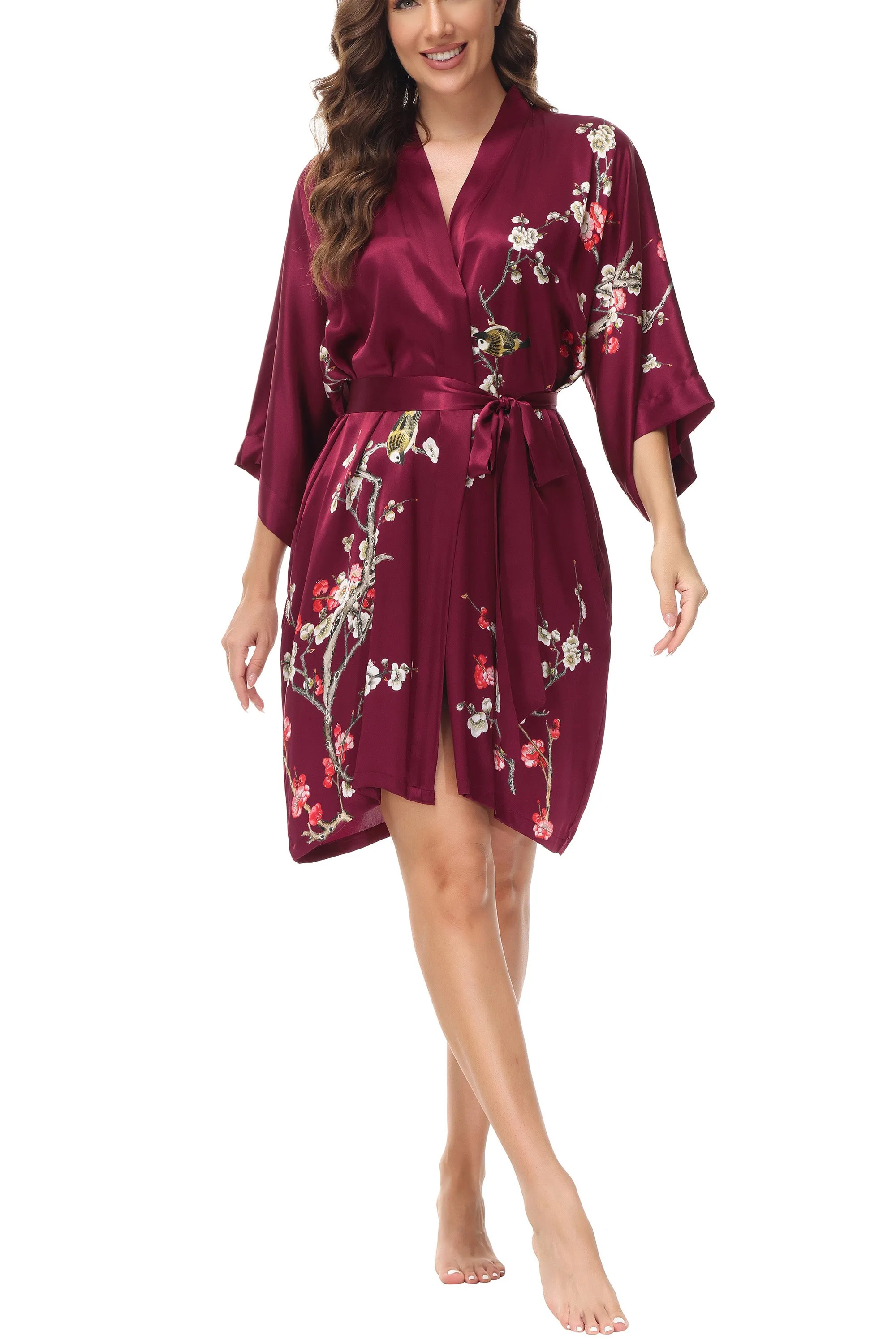 OSCAR ROSSA Women's  Silk Sleepwear 100% Silk Charmeuse Short Robe Kimono, Plum Blossom & Bird