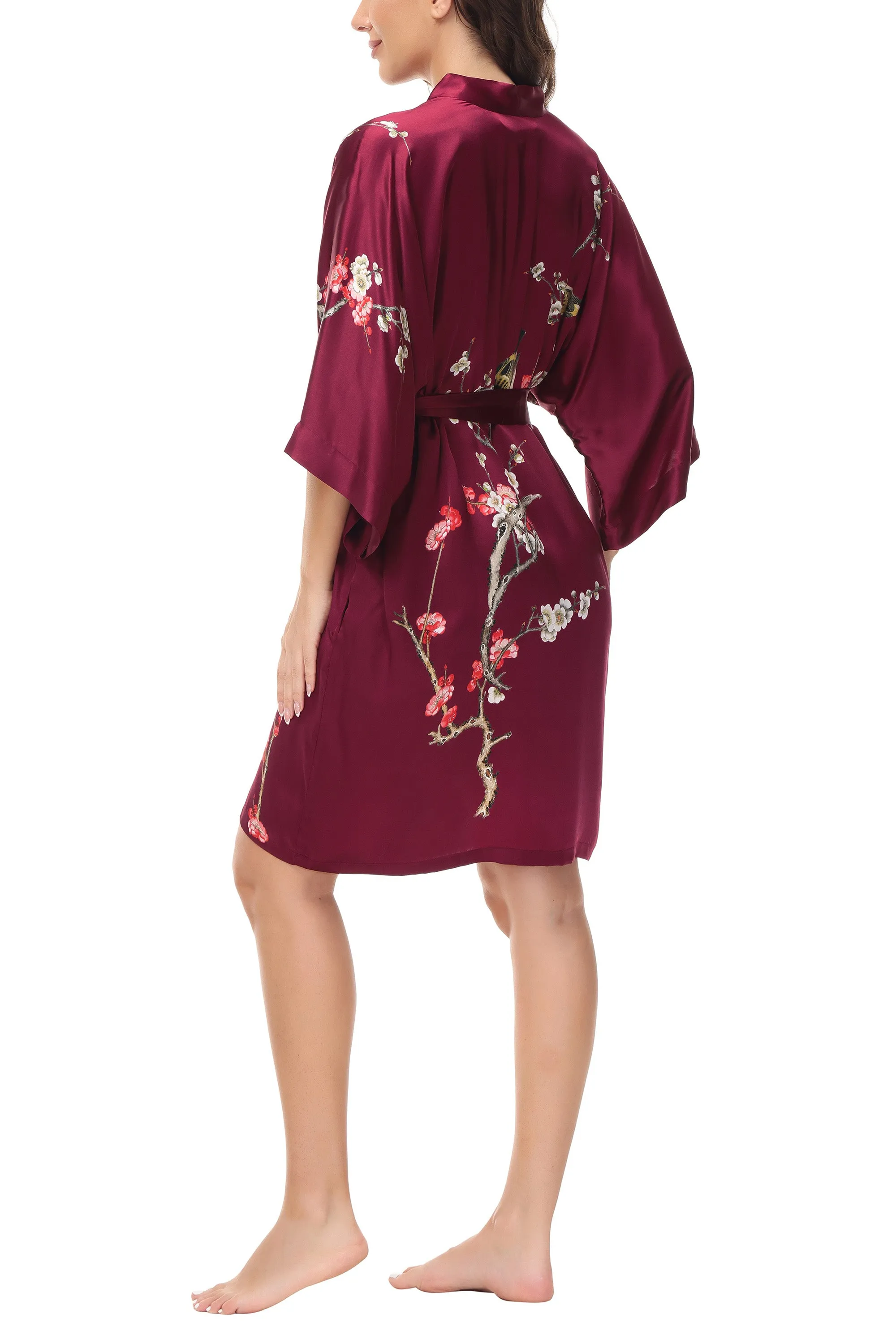 OSCAR ROSSA Women's  Silk Sleepwear 100% Silk Charmeuse Short Robe Kimono, Plum Blossom & Bird