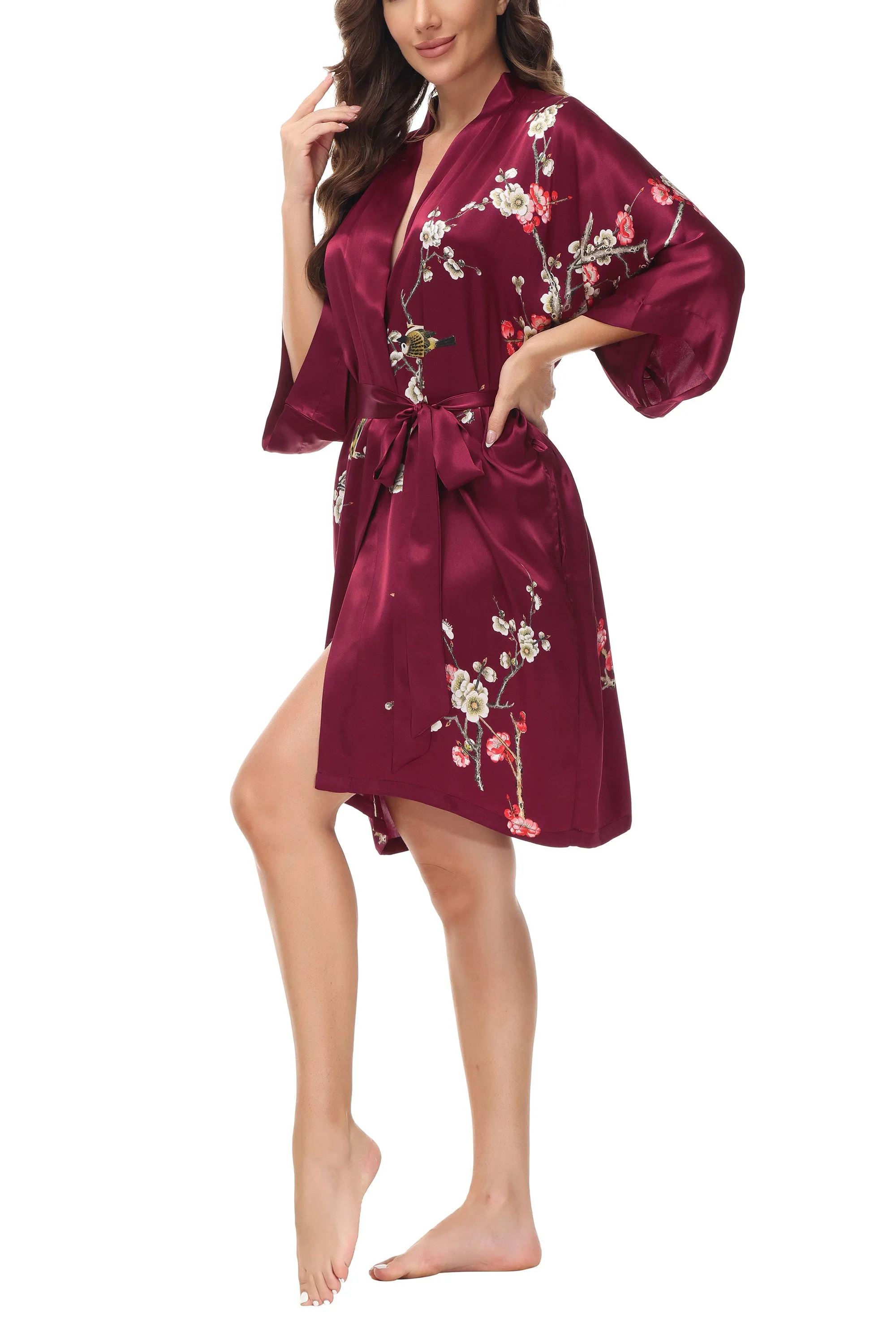 OSCAR ROSSA Women's  Silk Sleepwear 100% Silk Charmeuse Short Robe Kimono, Plum Blossom & Bird