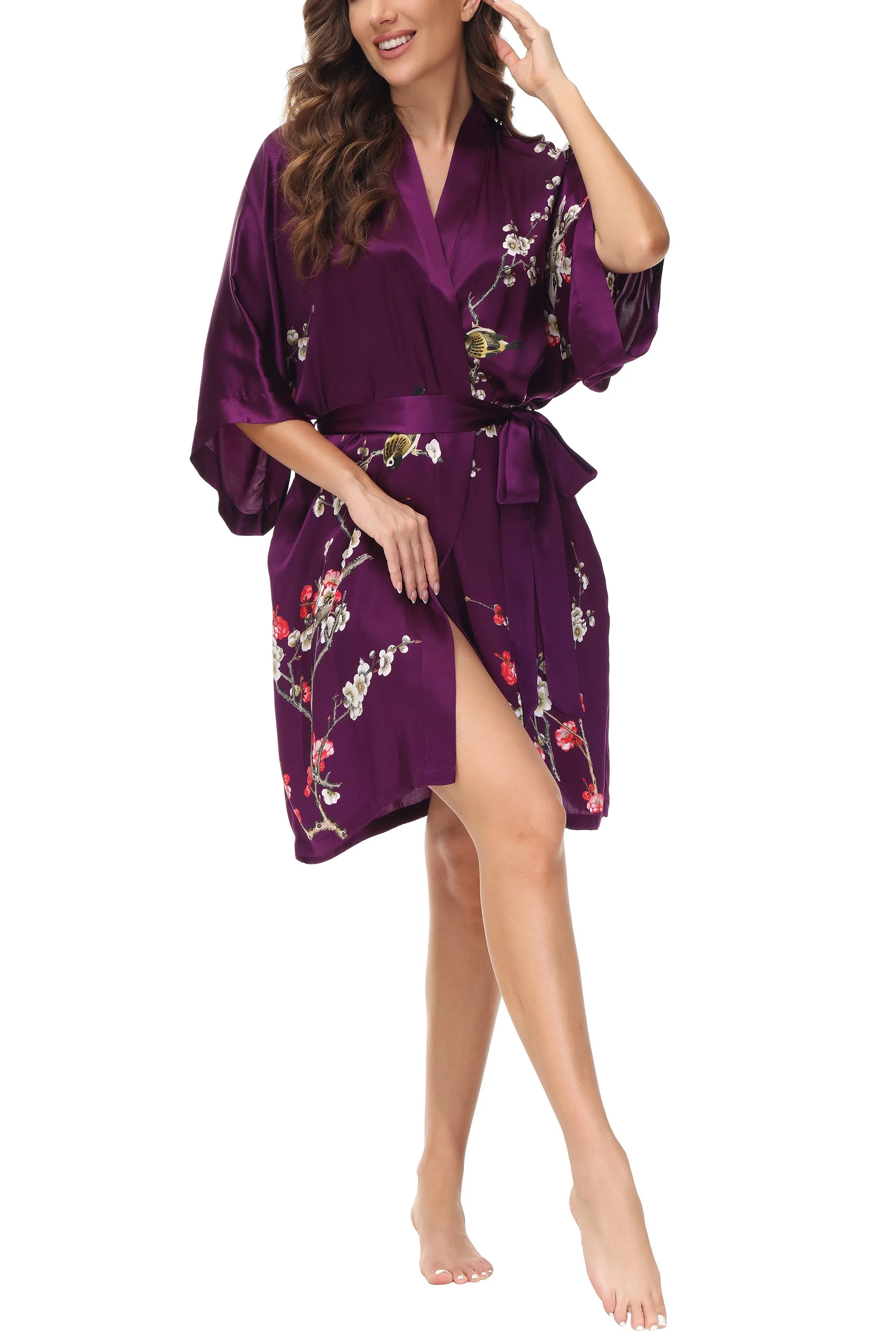 OSCAR ROSSA Women's  Silk Sleepwear 100% Silk Charmeuse Short Robe Kimono, Plum Blossom & Bird