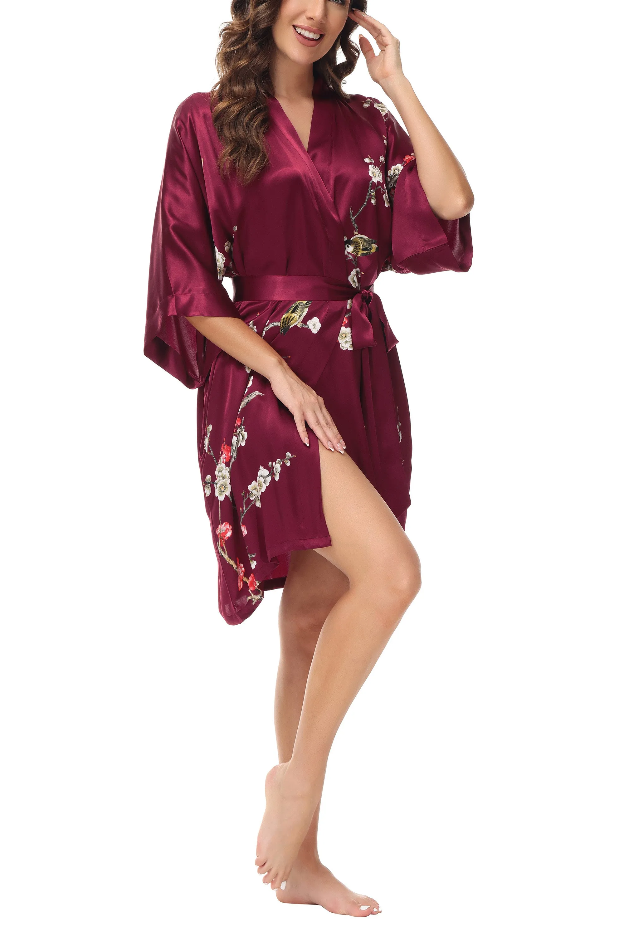 OSCAR ROSSA Women's  Silk Sleepwear 100% Silk Charmeuse Short Robe Kimono, Plum Blossom & Bird