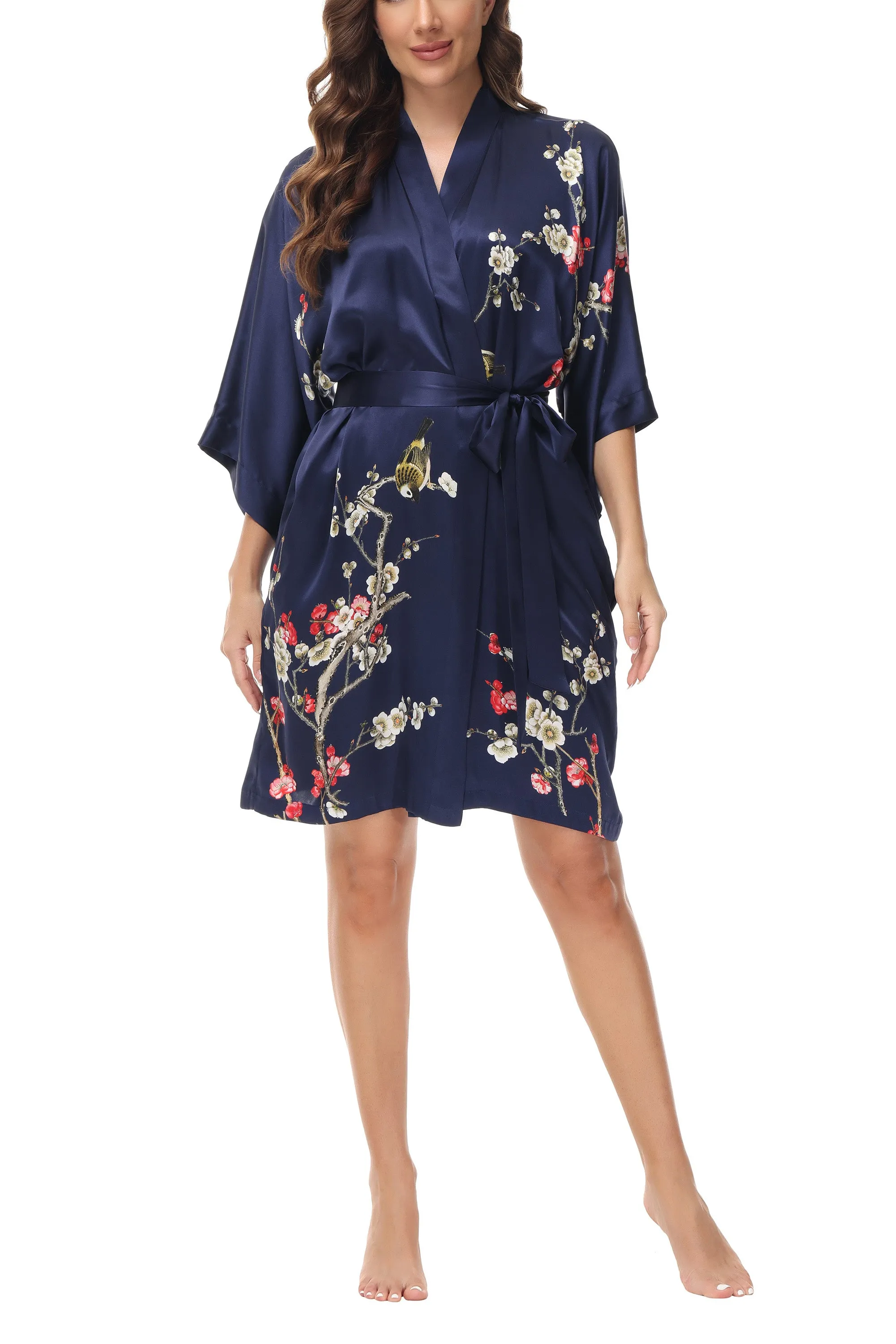 OSCAR ROSSA Women's  Silk Sleepwear 100% Silk Charmeuse Short Robe Kimono, Plum Blossom & Bird