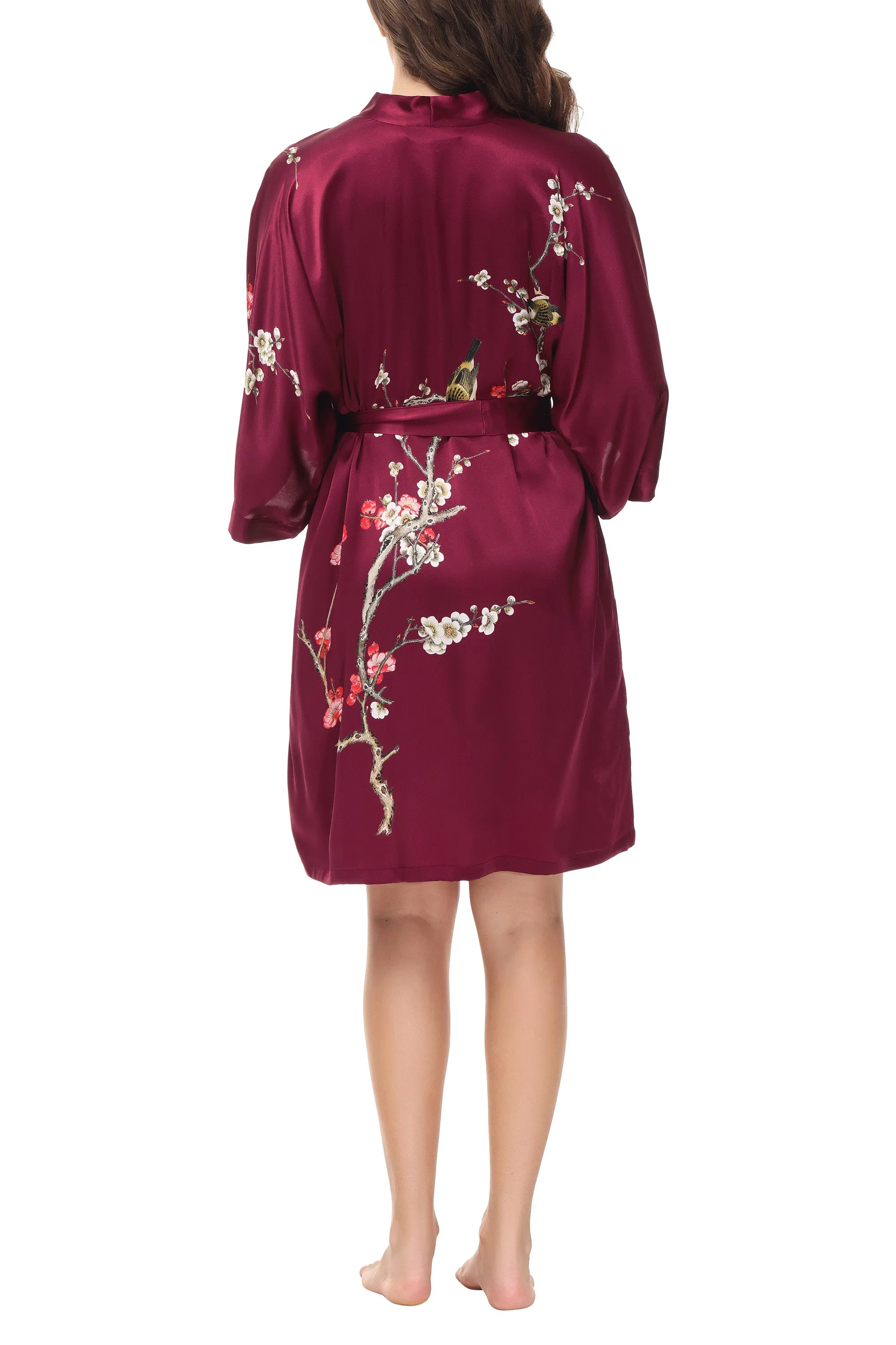 OSCAR ROSSA Women's  Silk Sleepwear 100% Silk Charmeuse Short Robe Kimono, Plum Blossom & Bird