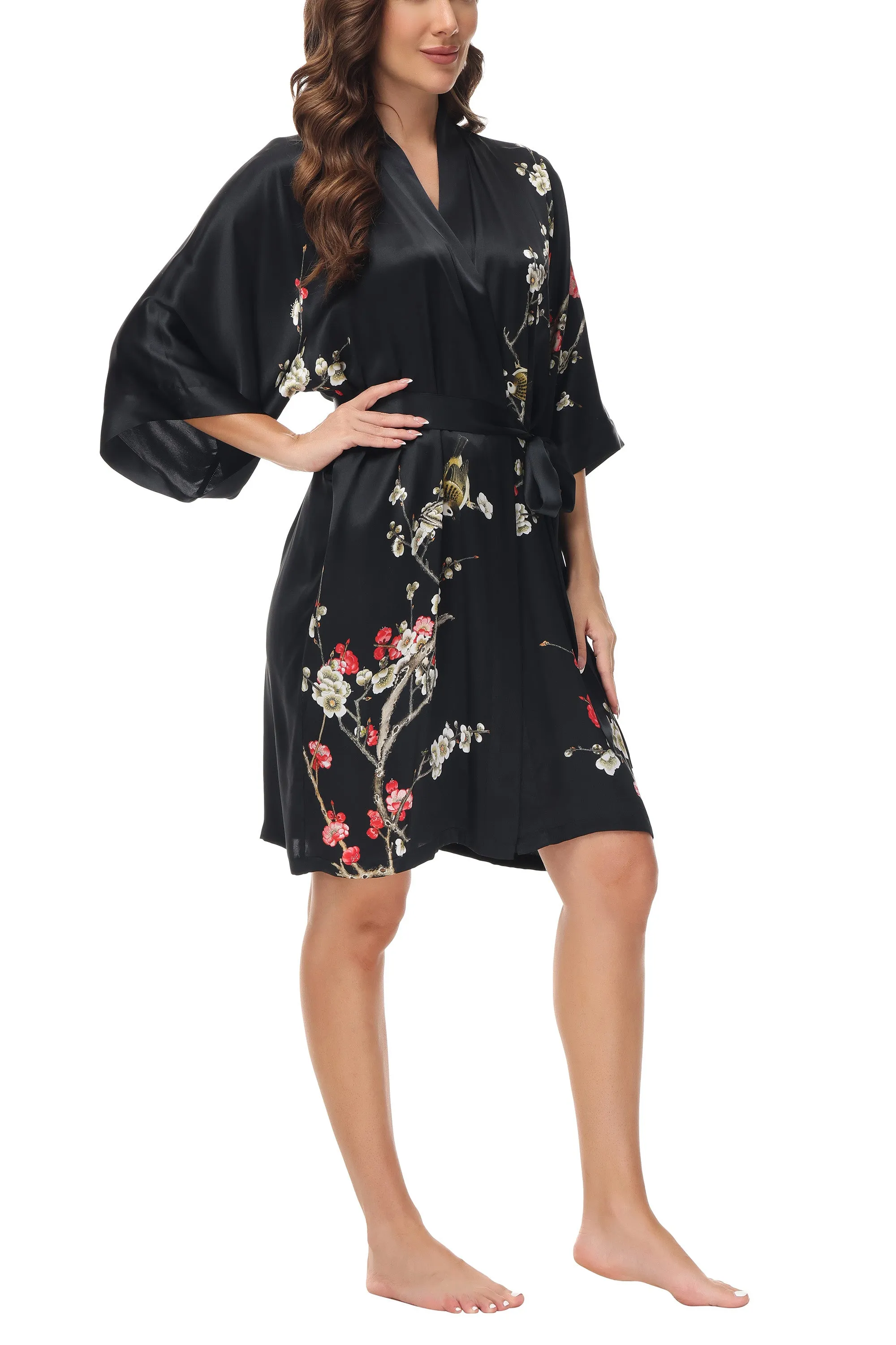 OSCAR ROSSA Women's  Silk Sleepwear 100% Silk Charmeuse Short Robe Kimono, Plum Blossom & Bird