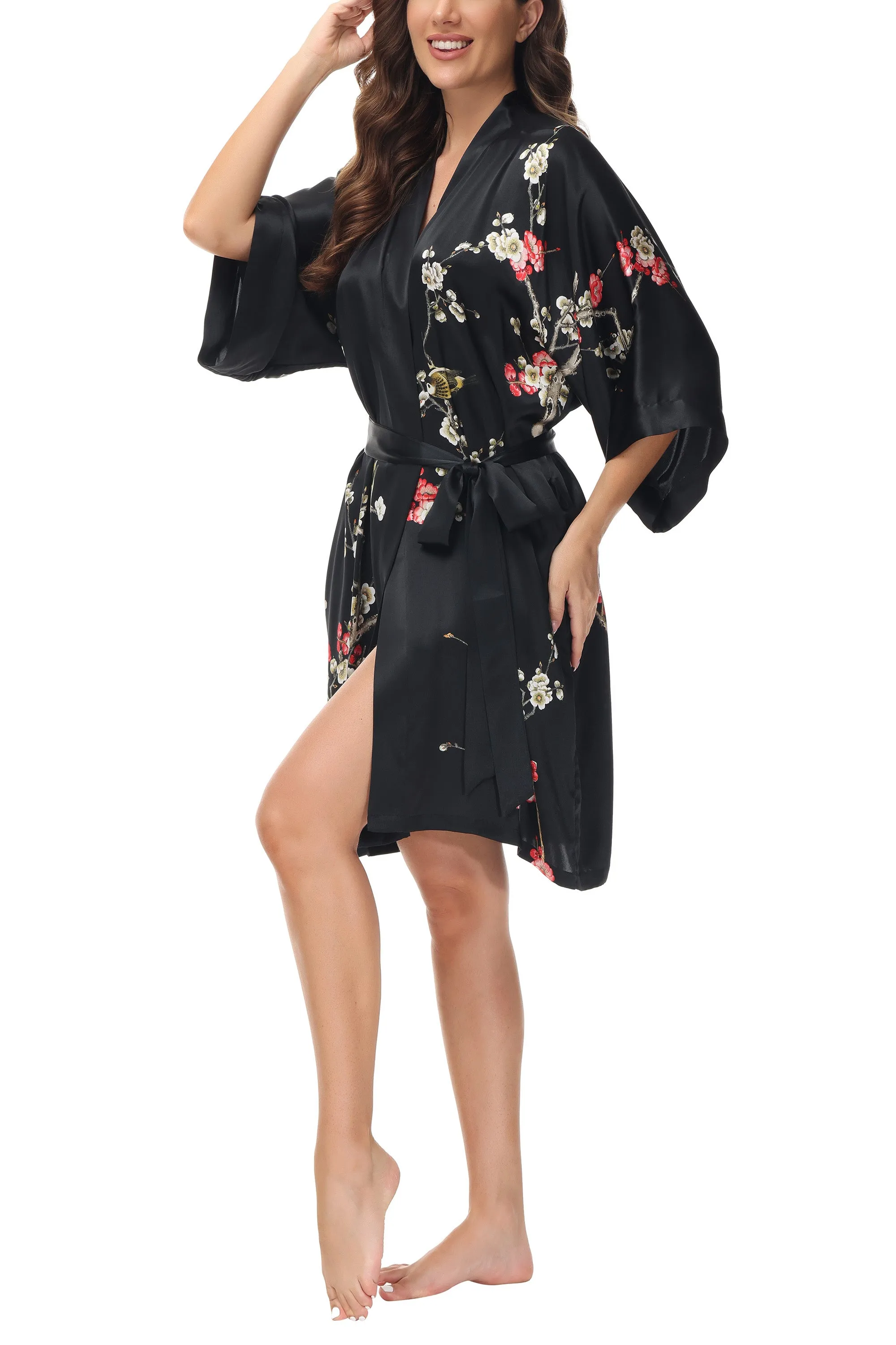 OSCAR ROSSA Women's  Silk Sleepwear 100% Silk Charmeuse Short Robe Kimono, Plum Blossom & Bird