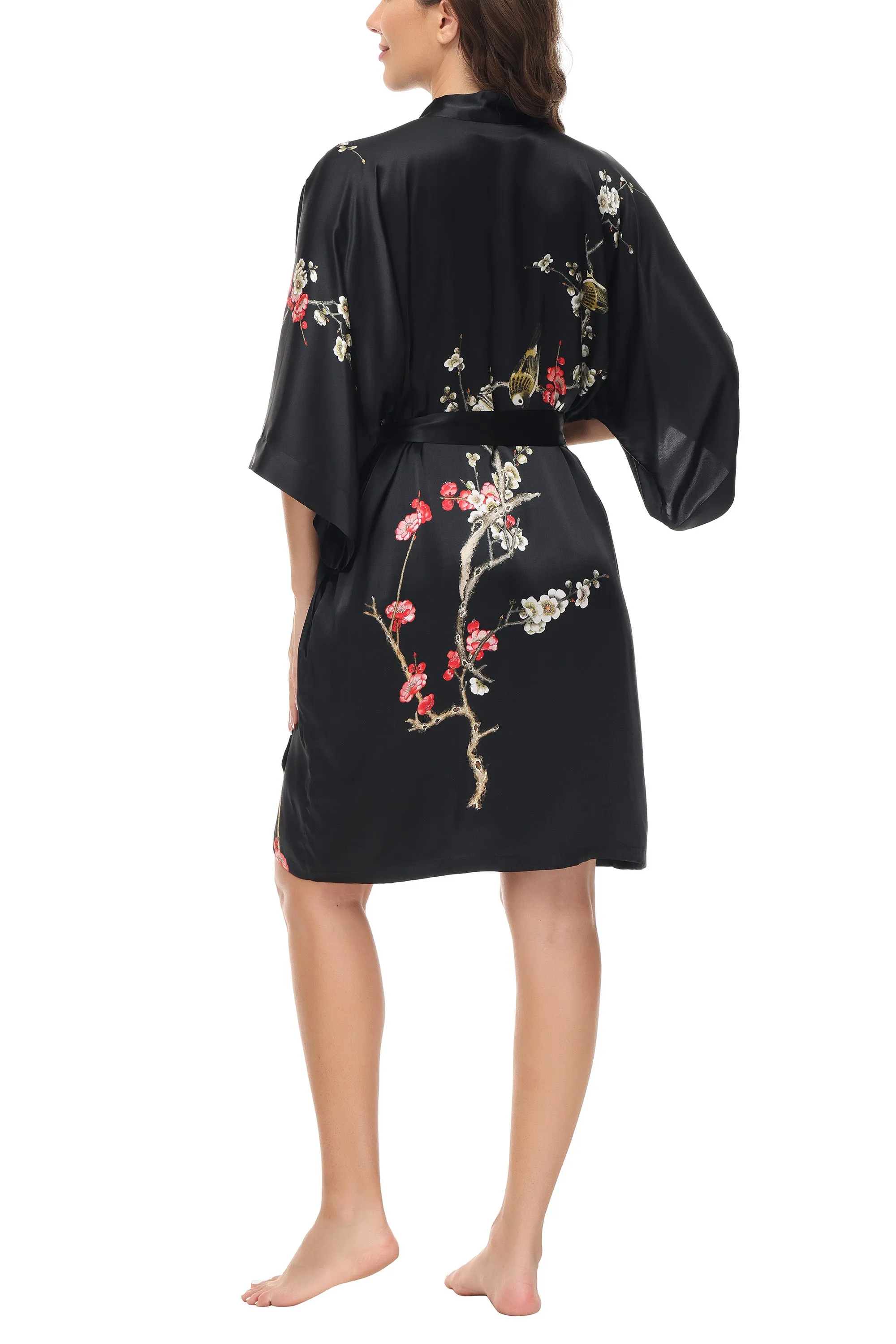 OSCAR ROSSA Women's  Silk Sleepwear 100% Silk Charmeuse Short Robe Kimono, Plum Blossom & Bird