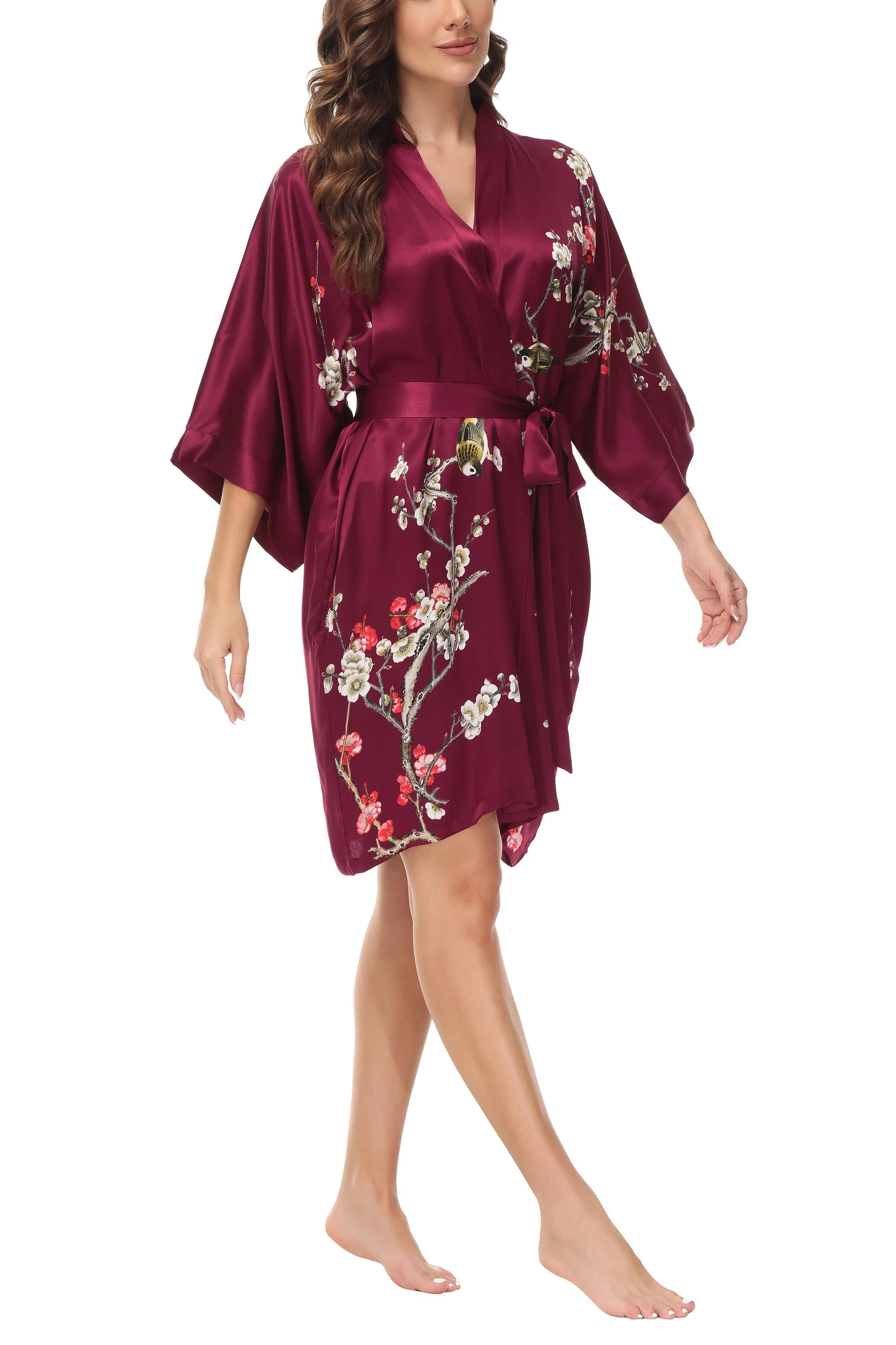 OSCAR ROSSA Women's  Silk Sleepwear 100% Silk Charmeuse Short Robe Kimono, Plum Blossom & Bird