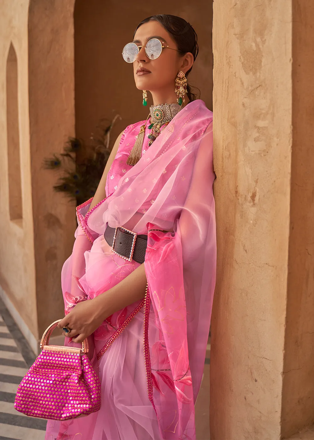 Pink Organza Net Printed Embroidered Classic Indian Saree